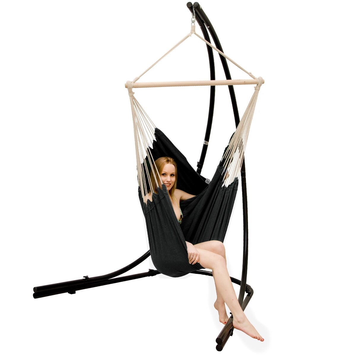 Freistehendes Stahl-H&auml;ngestuhlgestell 210cm inkl. XXL H&auml;ngesessel aus Baumwolle mit Swivel 185x130cm 