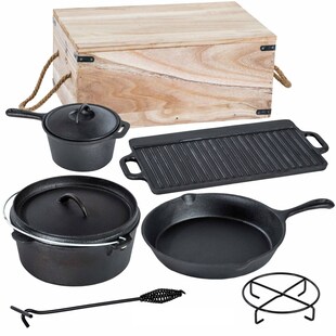 7tlg. Dutch Oven Set Gusseisen Guss Topfset Topf Pfanne Camping Grill Platte BBQ 