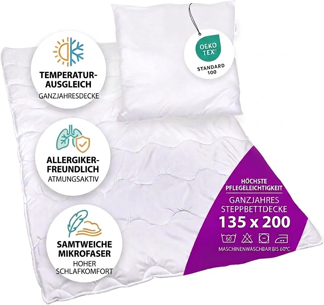 Premium Steppbettdecken Set mit Kopfkissen Steppbettdecke 135x200 cm Kopfkissen 80x80