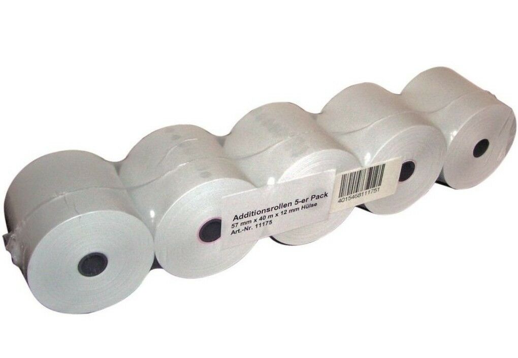 5 St&uuml;ck GENIE Additionsrollen 57x12mm 40lfm Kassenrollen Bonrollen Normalpapier 