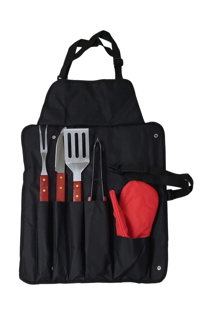 Grillbesteck-Set Edelstahl mit Sch&uuml;rze Gabel Messer Wender Zange Handschuh 