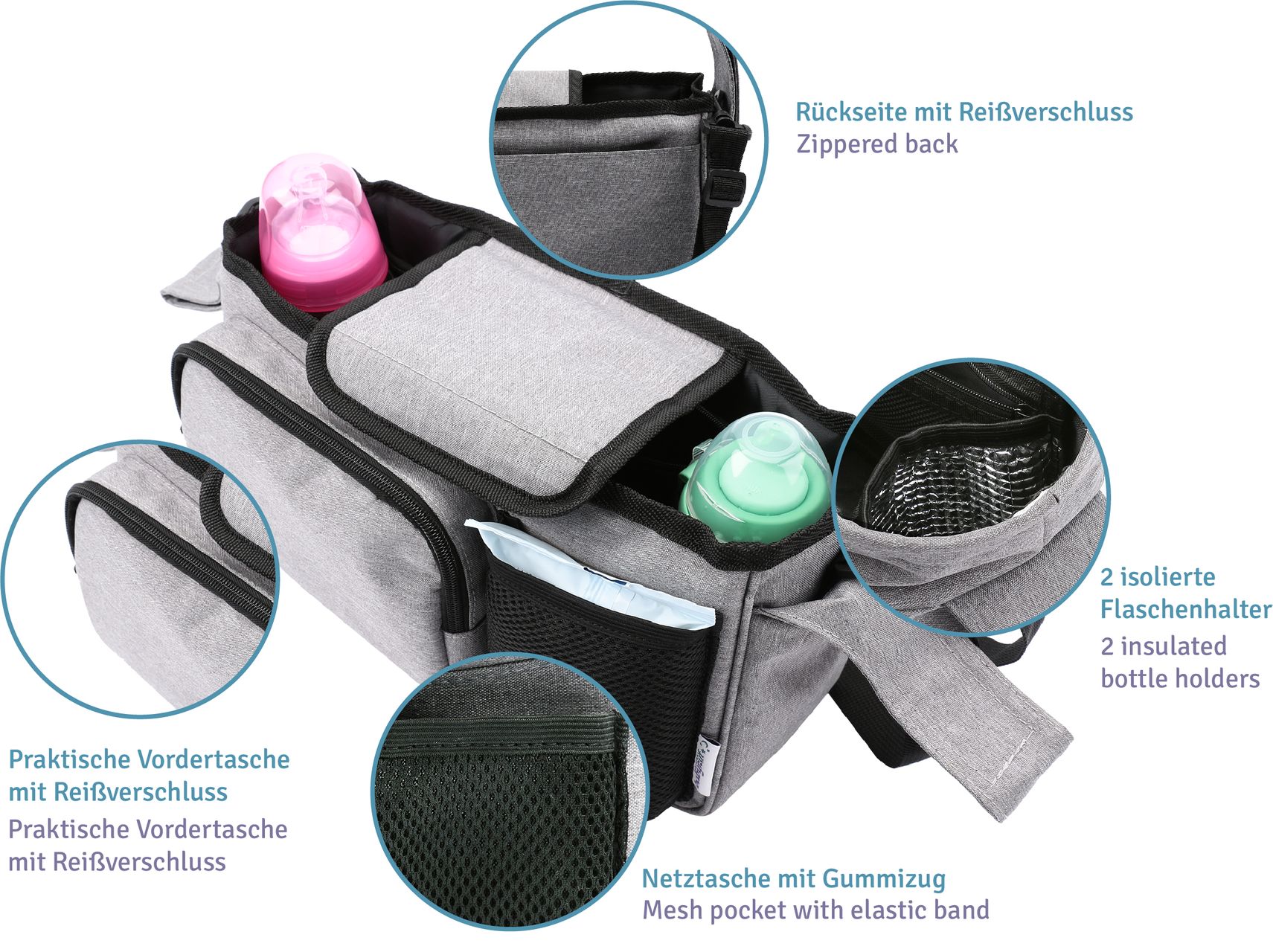 Kinderwagen Organizer Buggy 2 Getr&auml;nkehalter Aufbewahrung f&uuml;r Windeln Spielzeug 