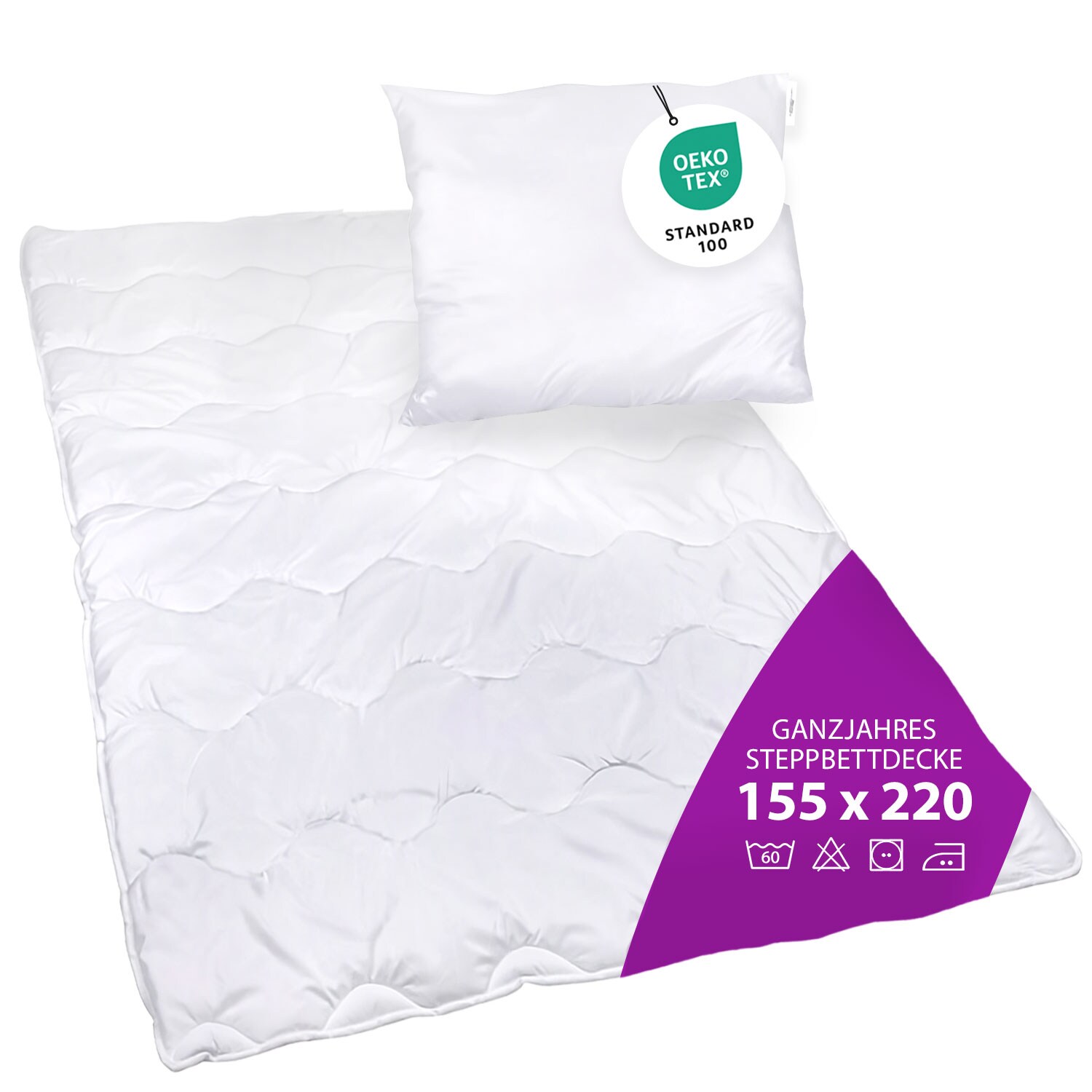 Premium Steppbettdecken Set mit Kopfkissen Steppbettdecke 155x220 cm Kopfkissen 80x80