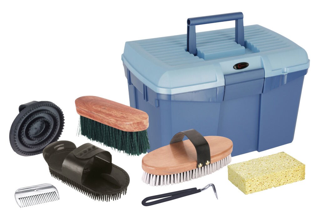 Putzbox blau mit Inhalt für Pferde, Pferdebürsten Putzzeug blau