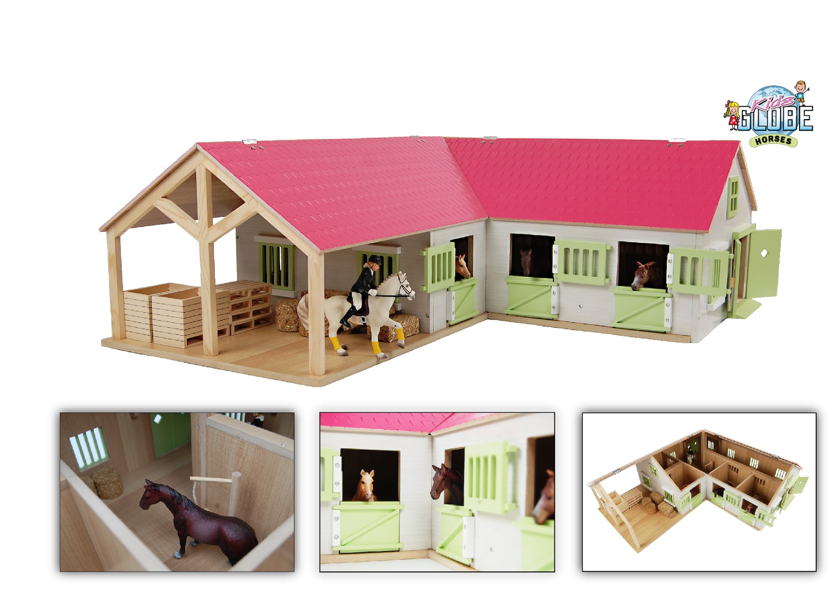 Kids Globe Pferdehof / Reiterhof 1:24, pink, Bauernhof Holz, Maße 68x77x27 cm