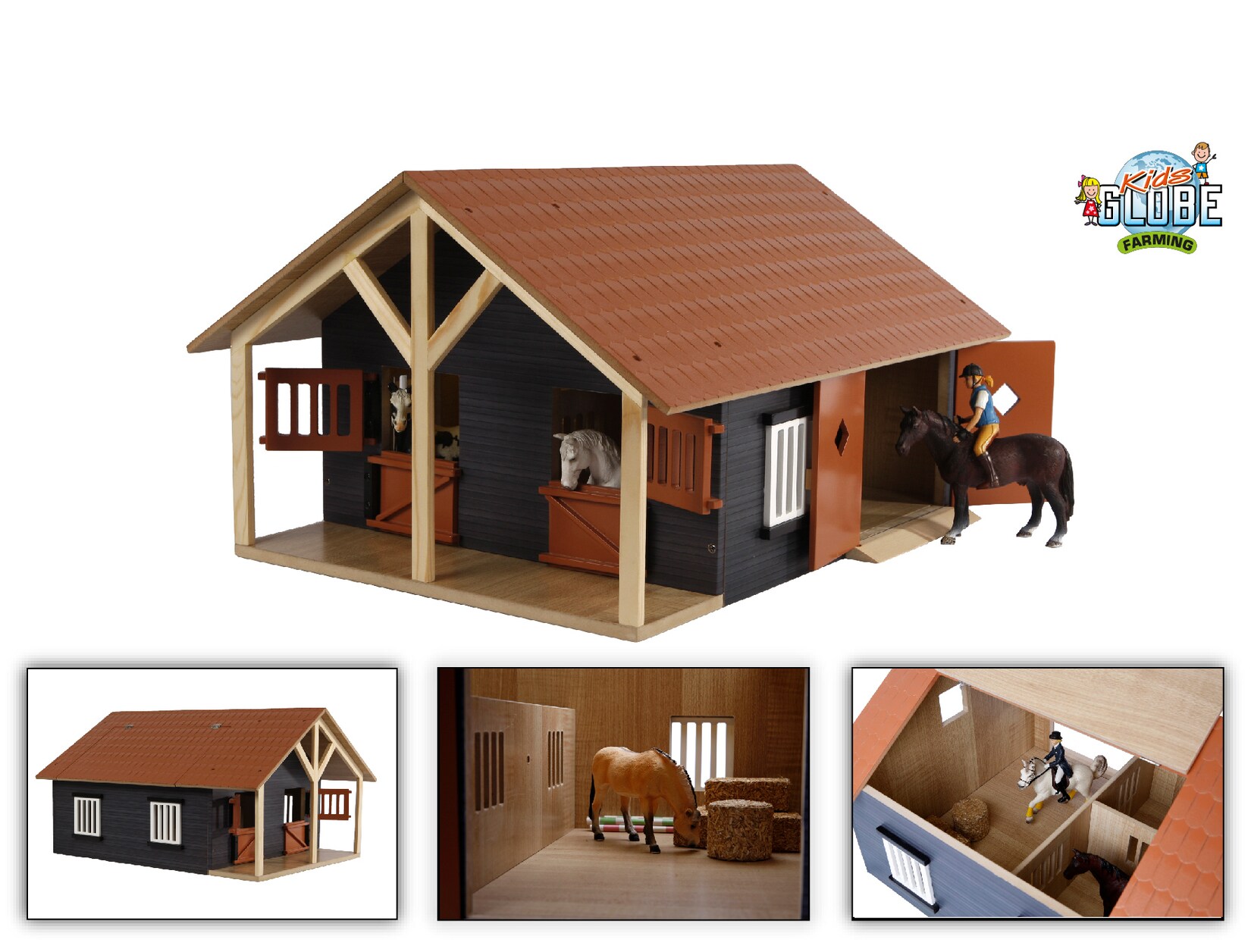 KidsGlobe Farming Pferdestall Holz, Maö´stab 1:24 - mit 2 Boxen, Werkstatt