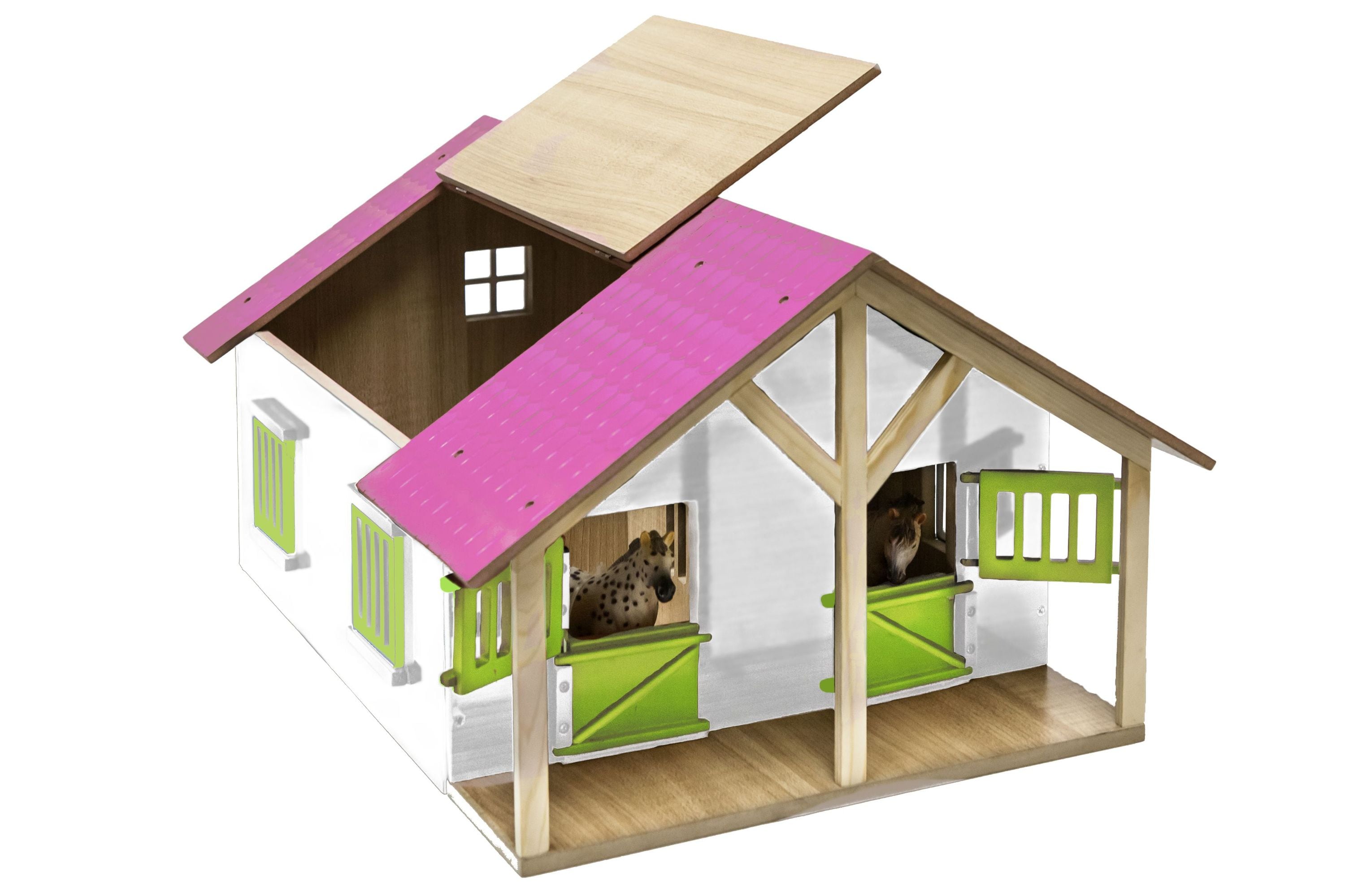 Kids Globe Farming Pferde Stall aus Holz 1:24, mit Werkstatt, Dach+T&uuml;r beweglich 