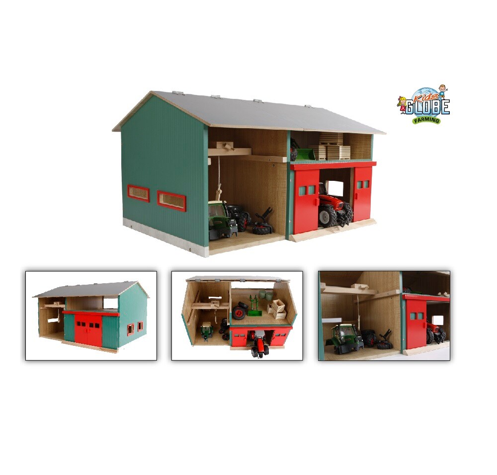 KidsGlobe Werkstatt mit Lagerraum 1:32 Dach aufklappbar Tore beweglich, 41x54x32 