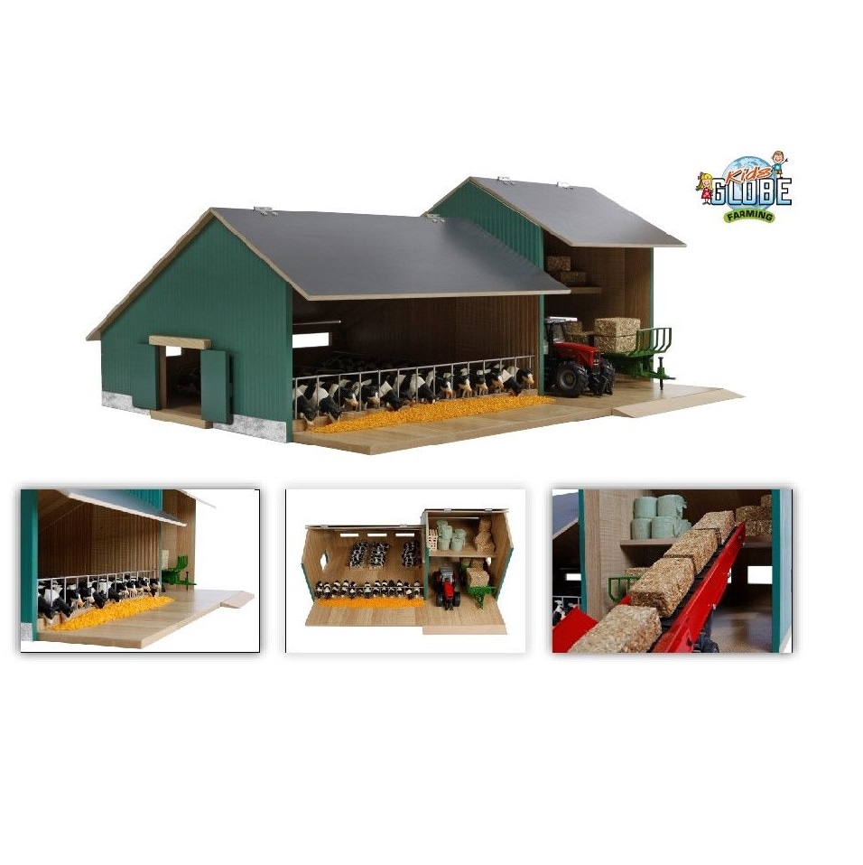Van Manen Kids Globe Farming Kuh Stall mit Werkstatt 1:32 Holz ohne Tiere 610200 