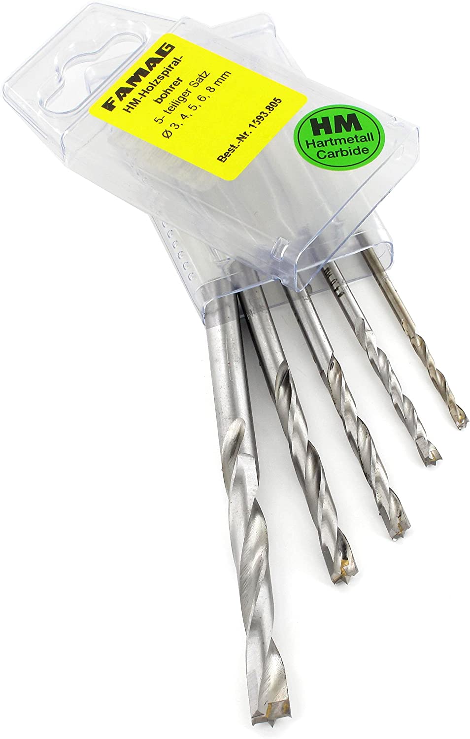 Famag Holzspiralbohrer Set HM 5-tlg Bohrer &uuml;?&Atilde;&uml;&Atilde; 3-4-5-6-8mm Holzbohrer Box 1593805 