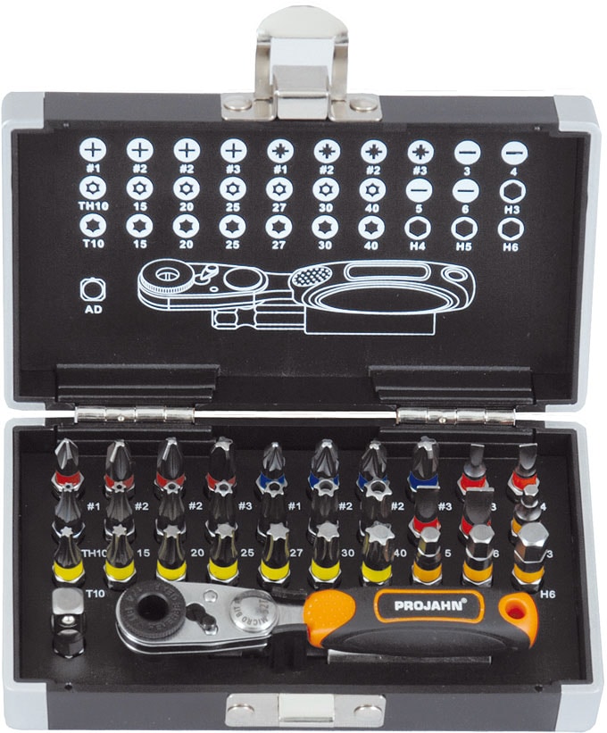 Projahn Color-Bit-Box 1/4" mit Mini-Bit-Knarre markierte Bits 33 teilig 