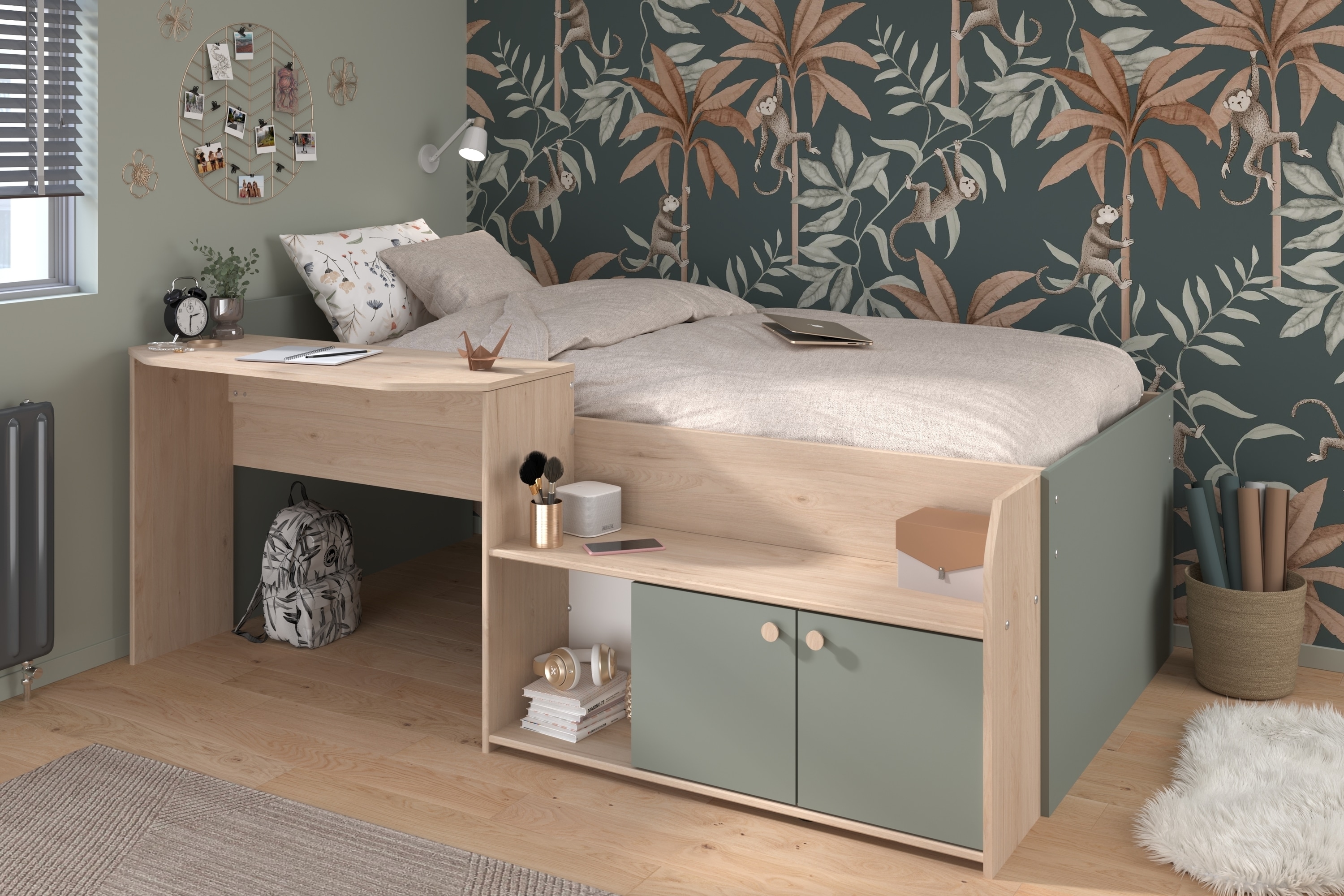 Parisot Halbhohes Hochbett "Jade 1" Seladon Gr&uuml;n  / Jackson-Eiche 