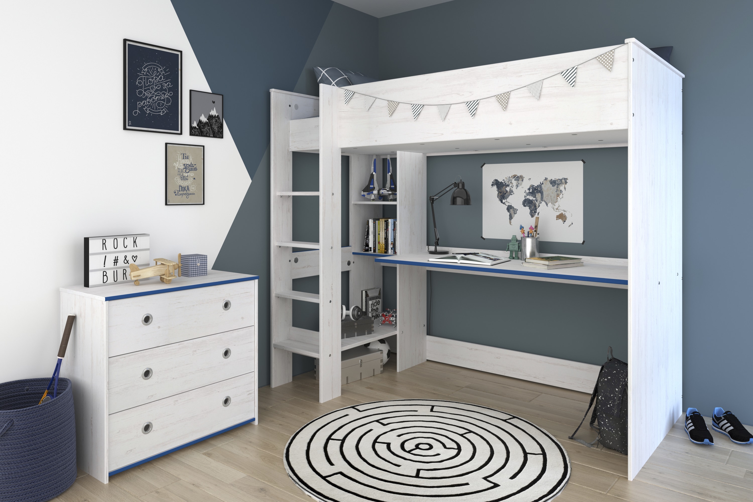 Parisot Hochbett extra hoch, mit Kommode, "Smoozy", Blau/Pink 