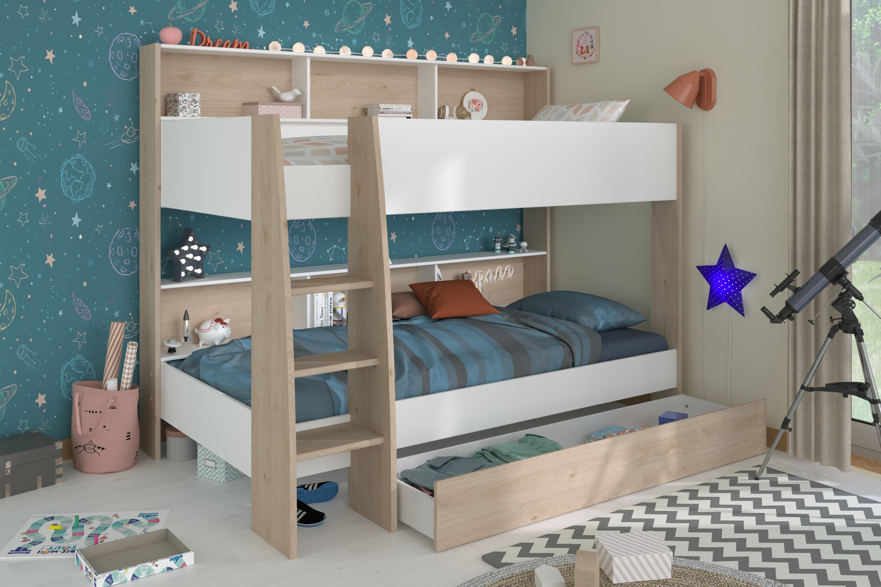 Parisot Etagenbett mit Bettschubkasten "Shelter 12" Jackson-Eiche - Wei&szlig; 