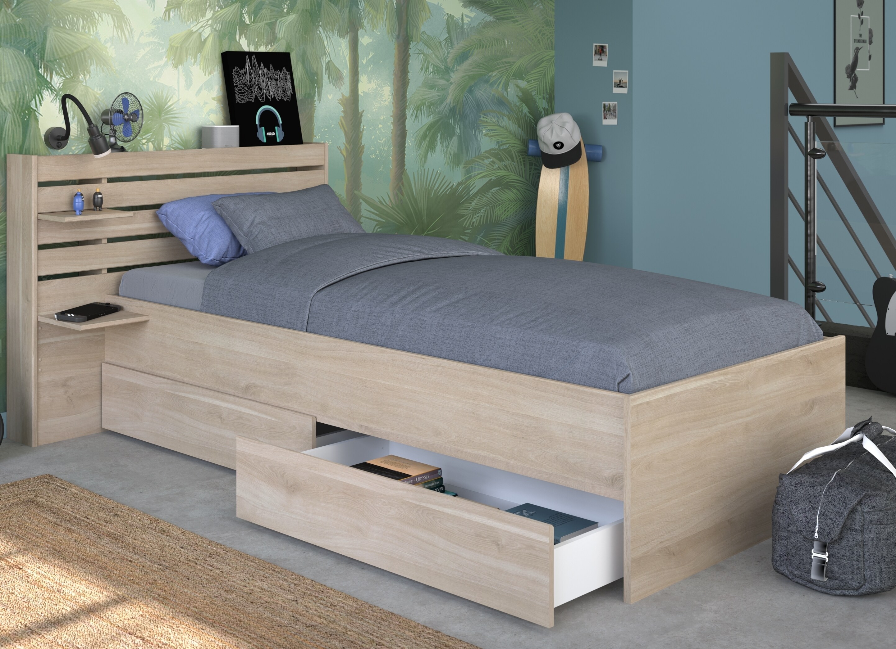 Parisot Stauraumbett "Escale 1" 90x200 Japanische Eiche 