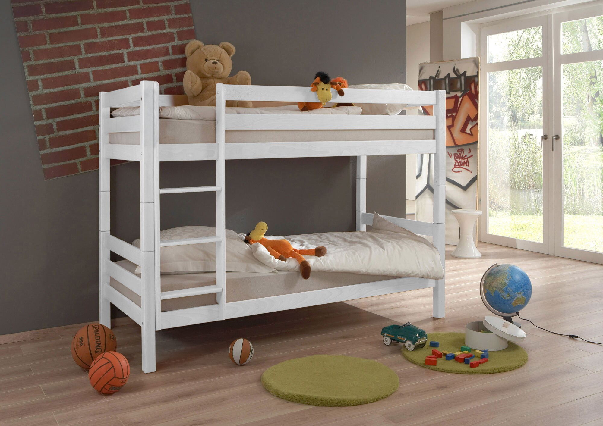 TiCAA TiCAA Etagenbett, Kinderbett, Stockbett Funktionsbett f&uuml;r Kinder mit Treppe & Zwei Liegefl&auml;chen teilbar aus Buche Massivholz wei&szlig; Bettgestell 90 x 200 