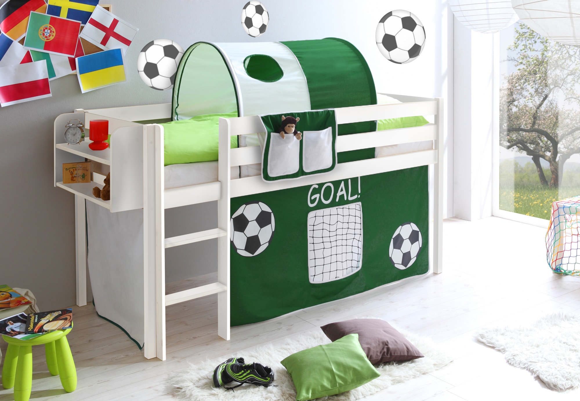 TiCAA Hochbett "Malte" Kiefer Wei&szlig; GOAL inkl. Vorhang 