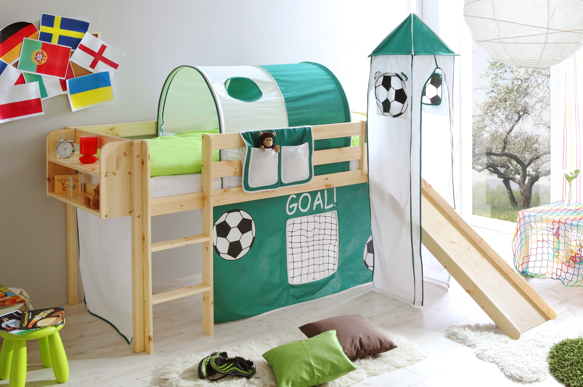 TiCAA Rutschbett mit Turm "Kasper" Kiefer Natur GOAL inkl. Vorhang 