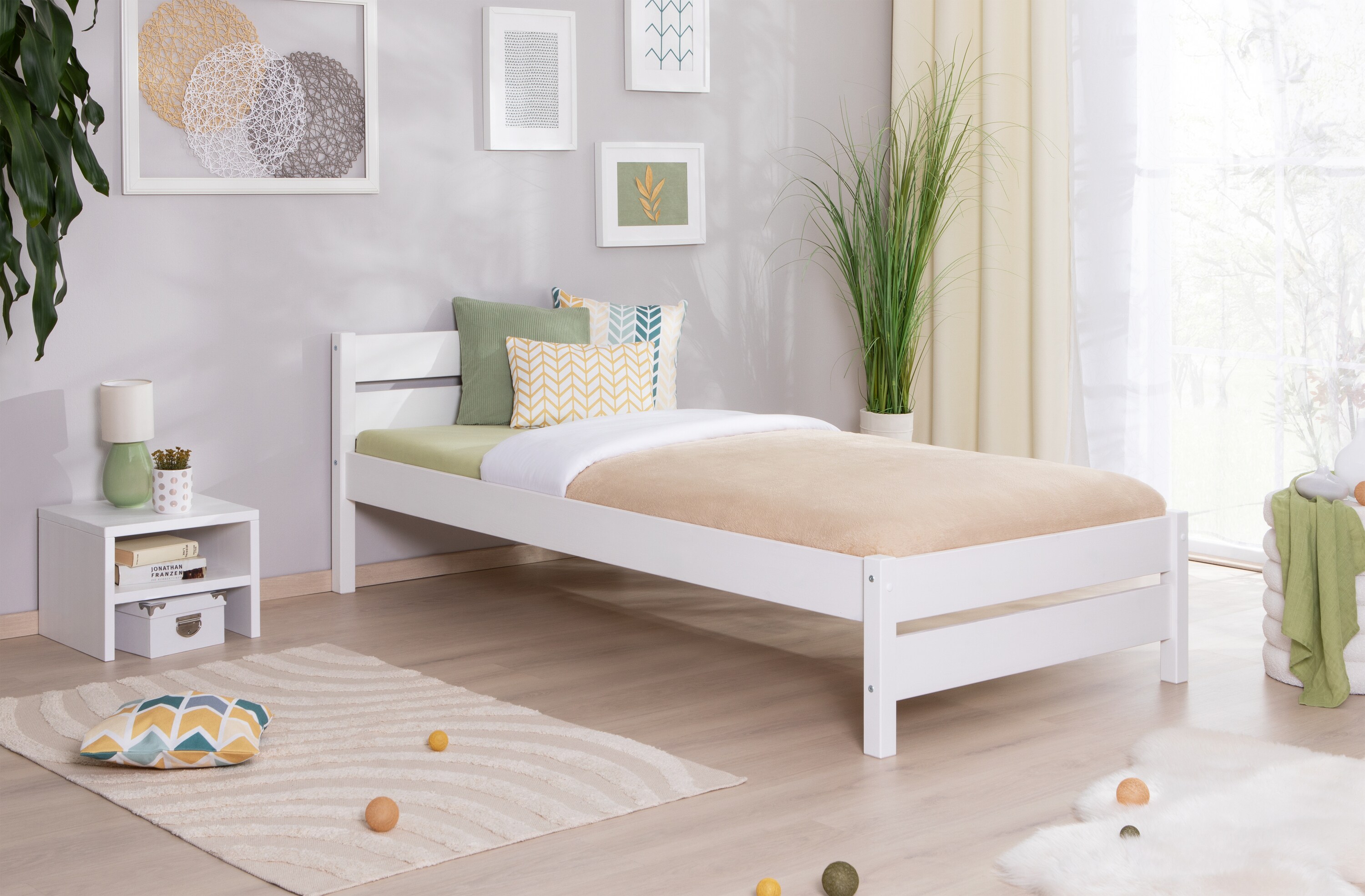 TiCAA Massivholz Einzelbett Bora Kiefer Wei&szlig; 