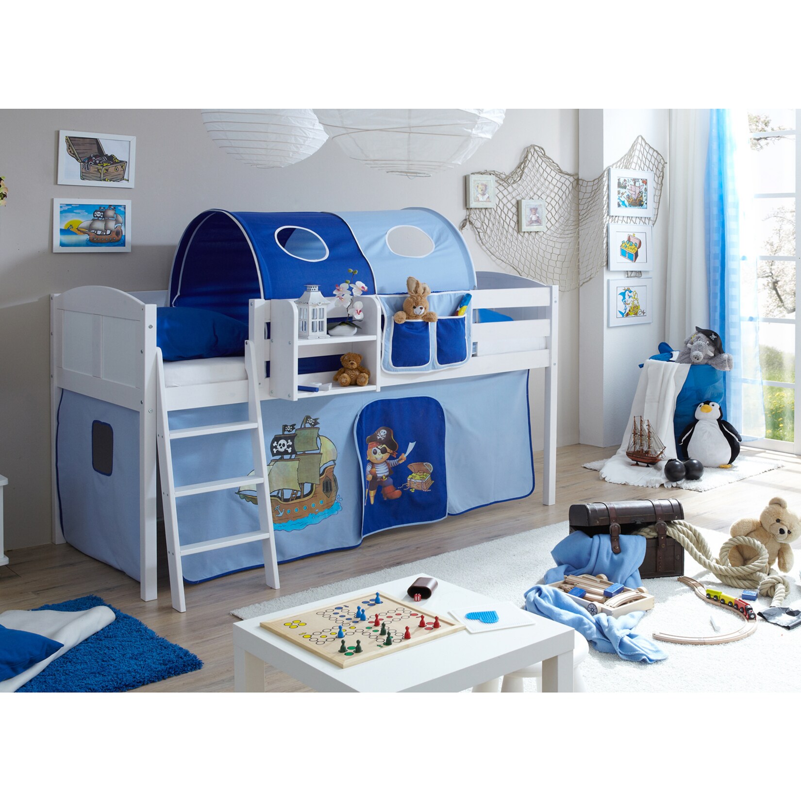 TiCAA Hochbett "Eric" Country Kiefer Wei&szlig; Motiv 