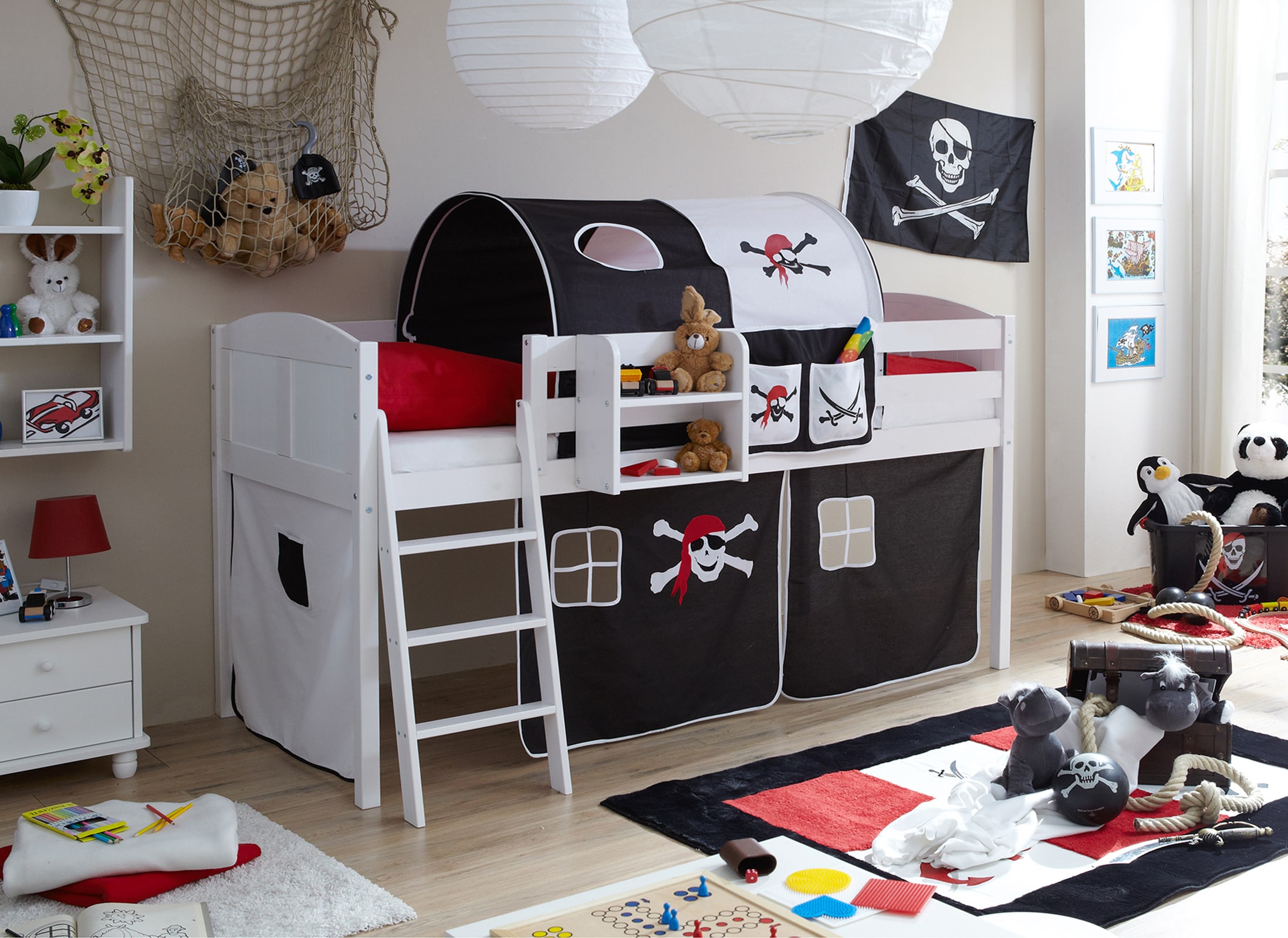 TiCAA Hochbett "Eric" Country Kiefer Wei&szlig; Motiv 