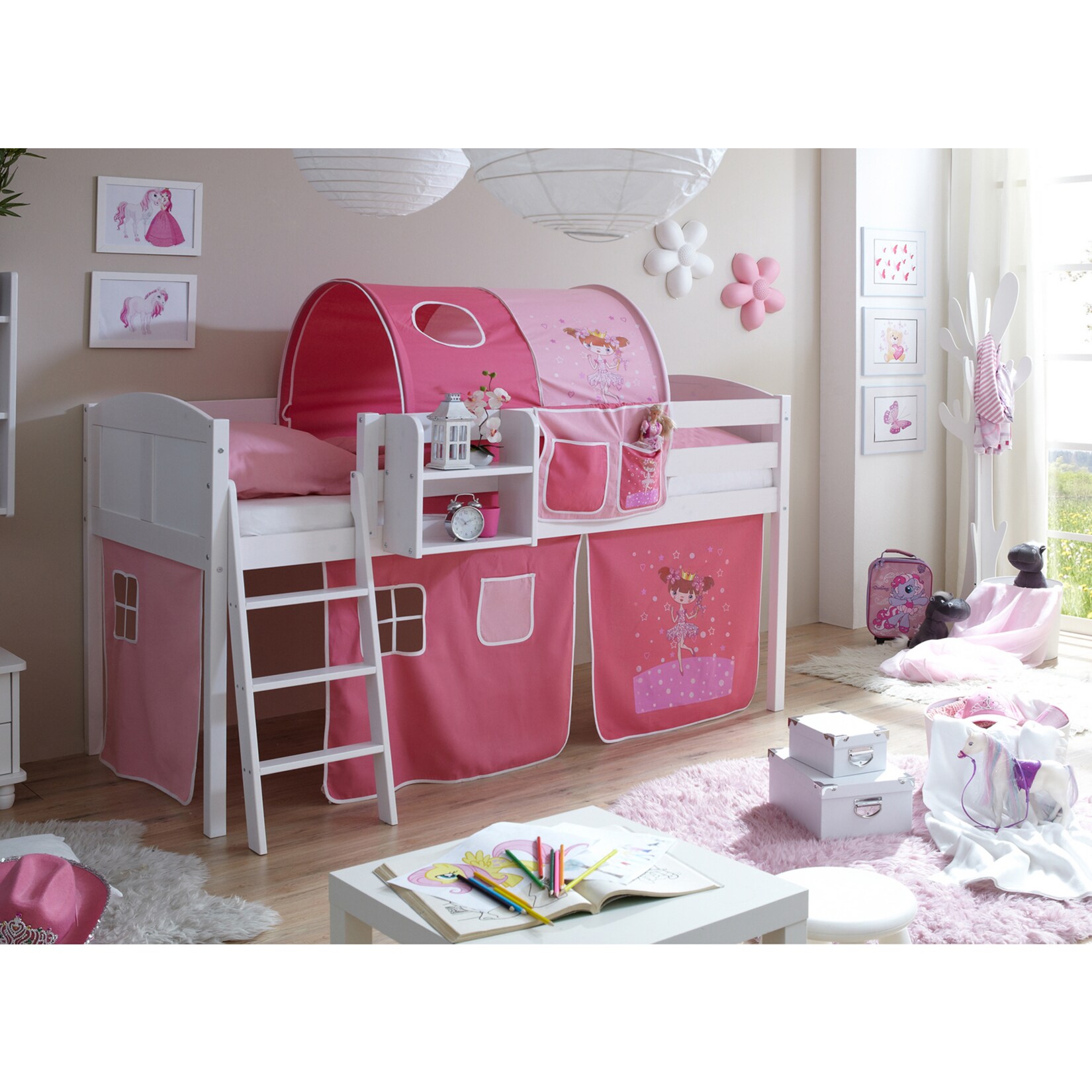 TiCAA Hochbett "Eric" Country Kiefer Wei&szlig; Motiv 