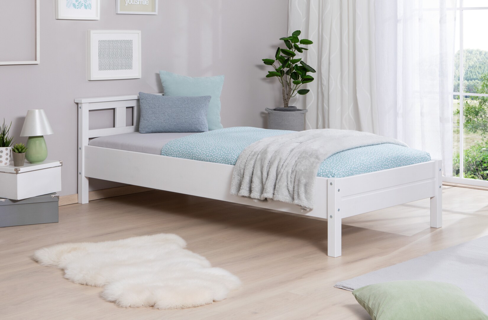 TiCAA Einzelbett und Doppelbett Merci Kiefer Weiß