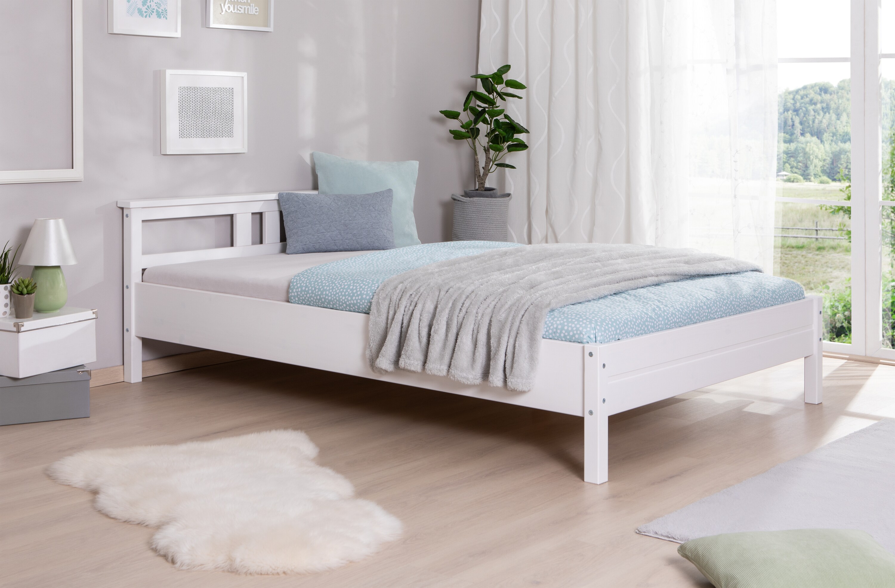 TiCAA Einzelbett und Doppelbett Merci Kiefer Wei&szlig; 