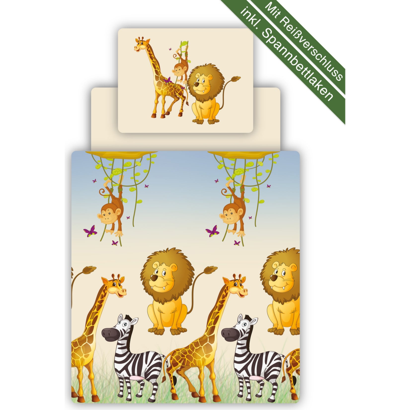 TiCAA Kinder Bettw&auml;sche Set inkl. Spannbettlaken Safari 