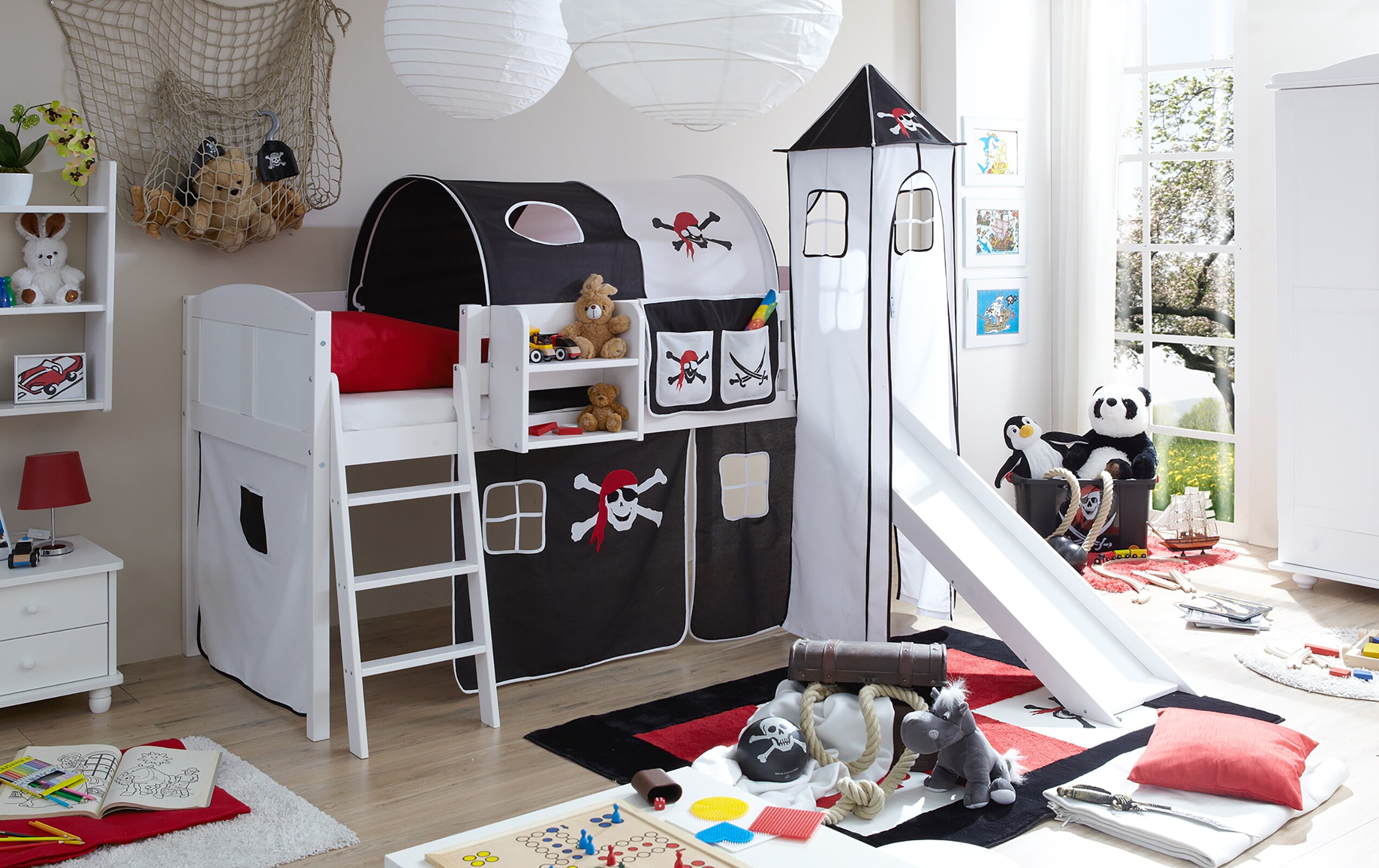 TiCAA Hochbett mit Rutsche Rutschbett mit Turm "Ekki" Country Kiefer Wei&szlig; Motiv 