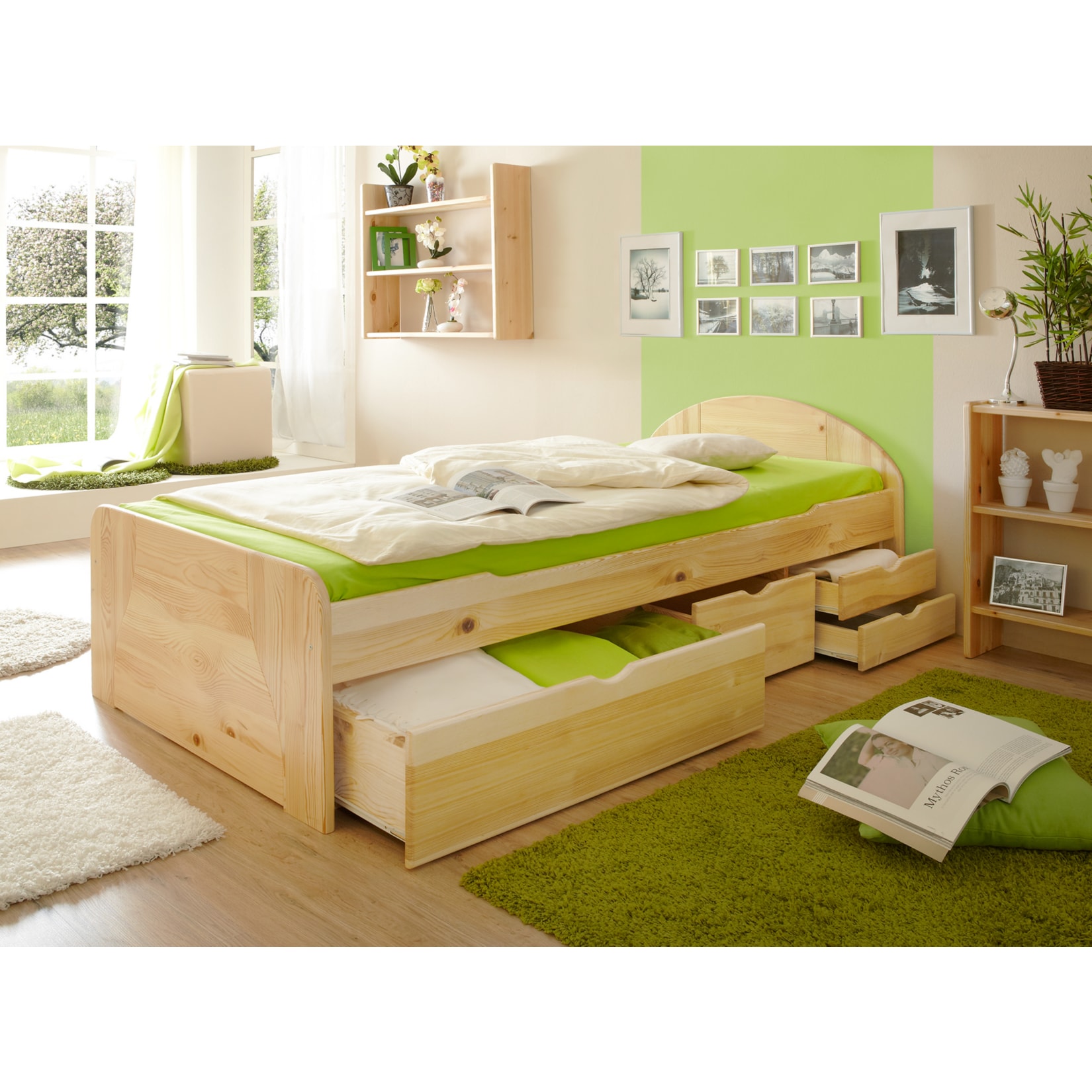 TiCAA Schubkastenbett Erna Kiefer Natur 