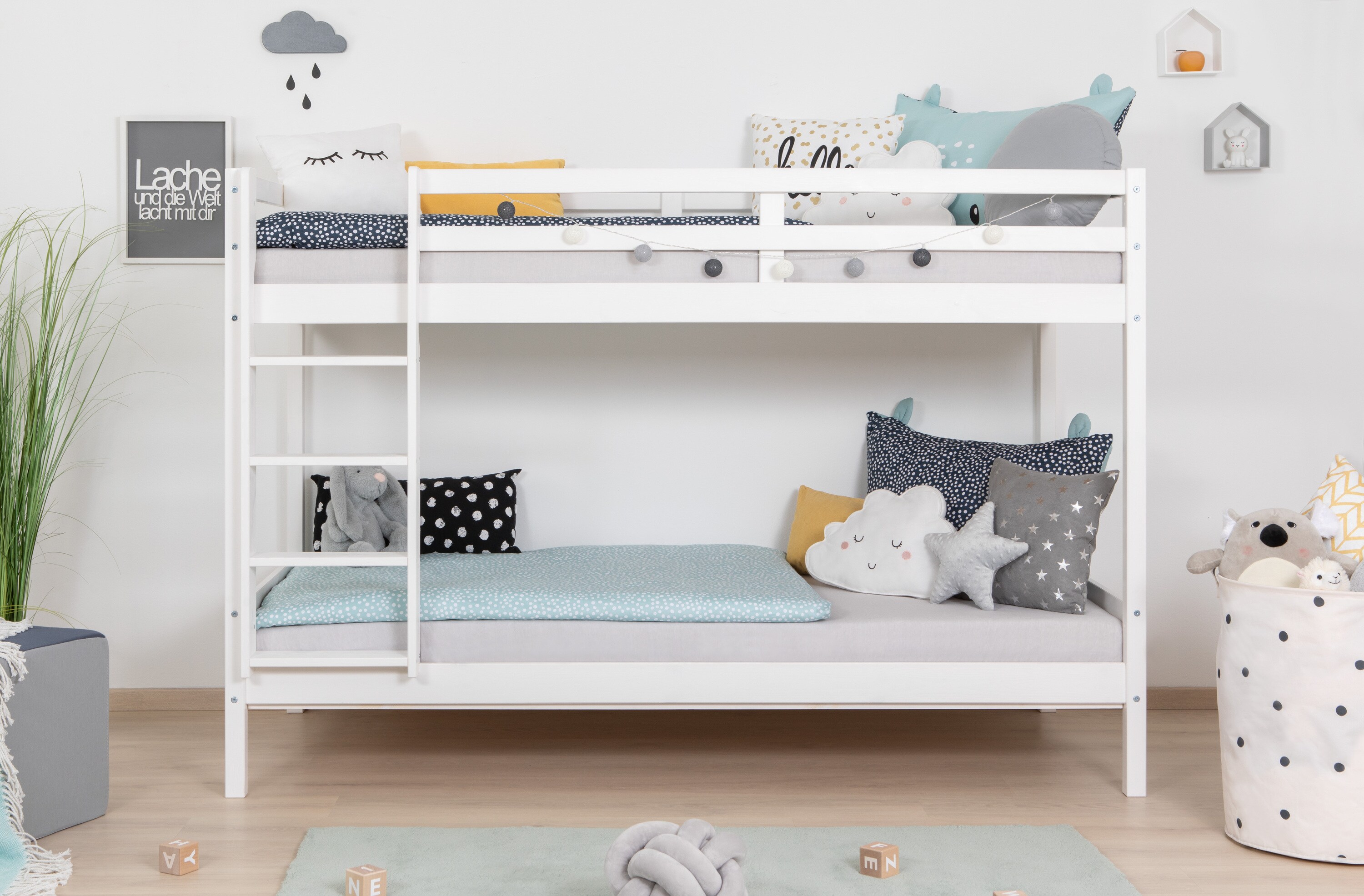 TiCAA Etagenbett Stockbett Rene Kiefer massiv Wei&szlig; 