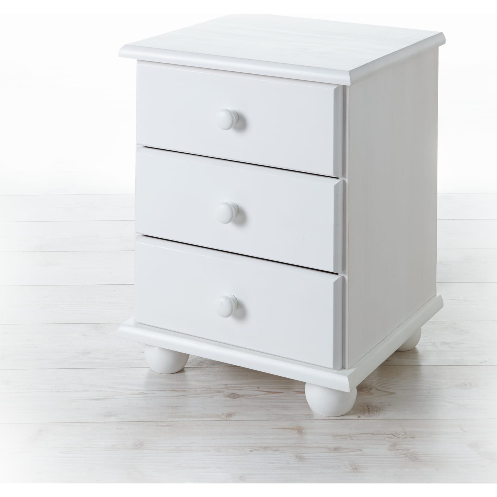 TiCAA Nachtkommode Ivo Kiefer mit 3 Schubladen Wei&szlig; 