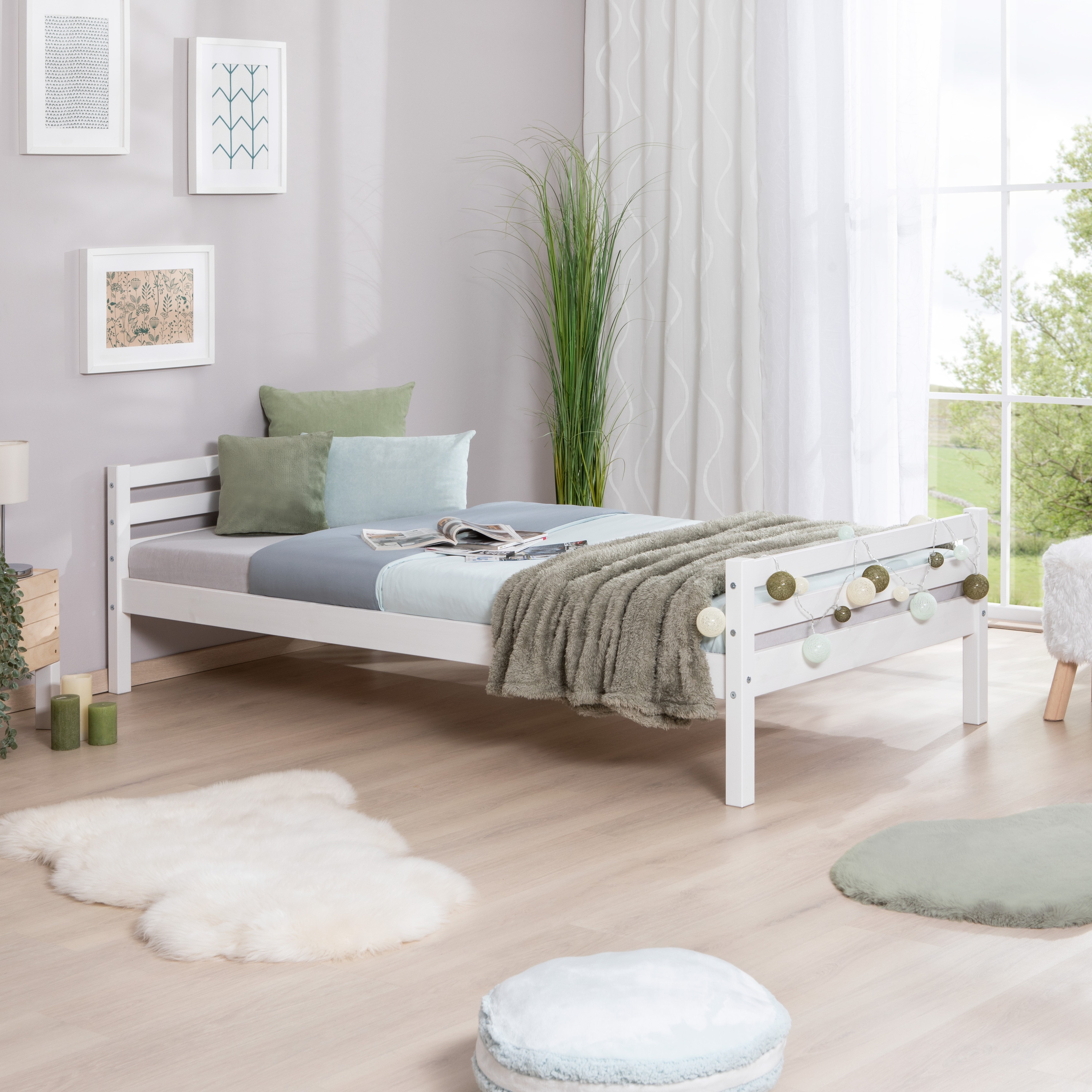 TiCAA Einzelbett "Nadine" Kiefer massiv Wei&szlig; 