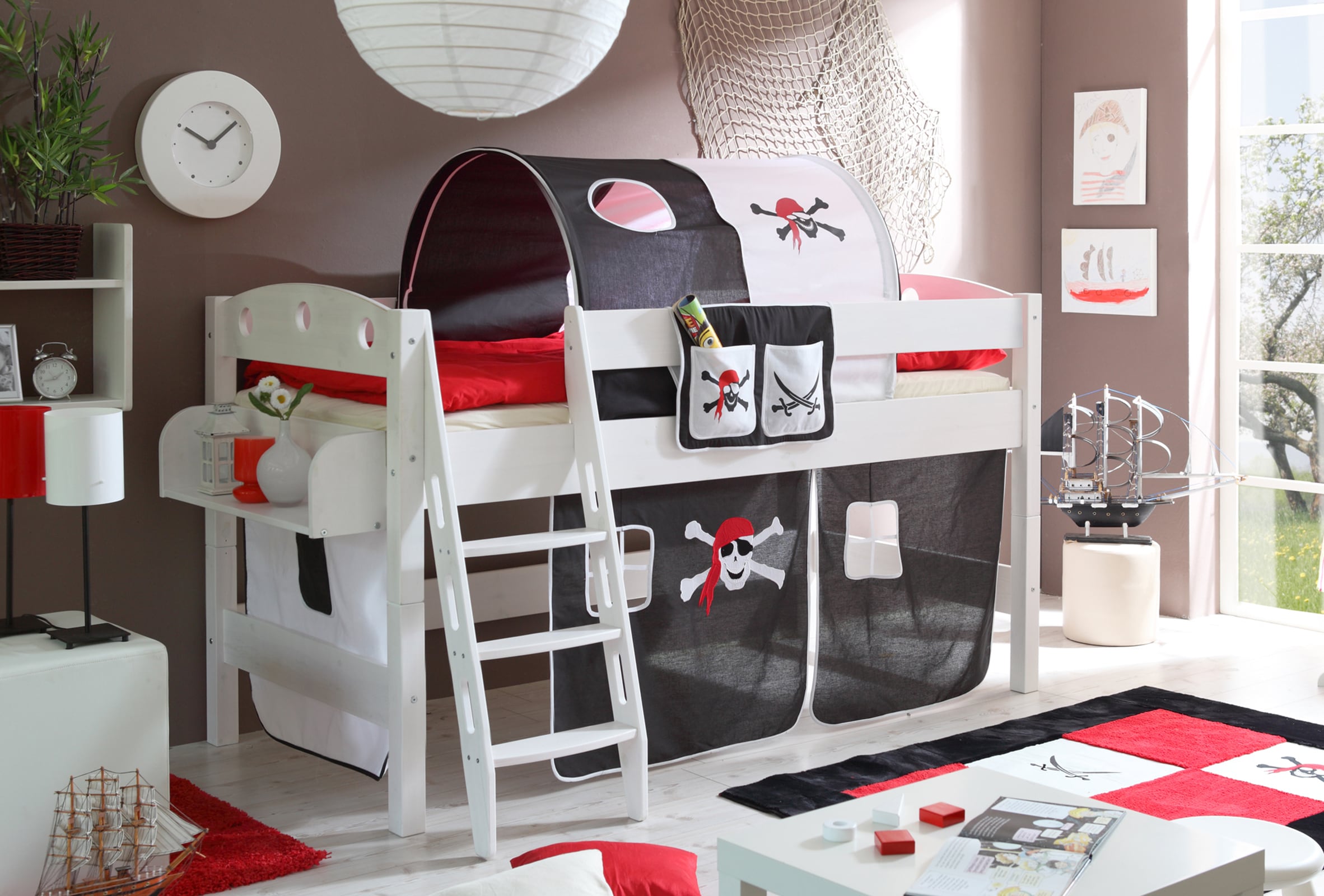 TiCAA Hochbett "Kenny R" Kiefer Wei&szlig; Motiv 