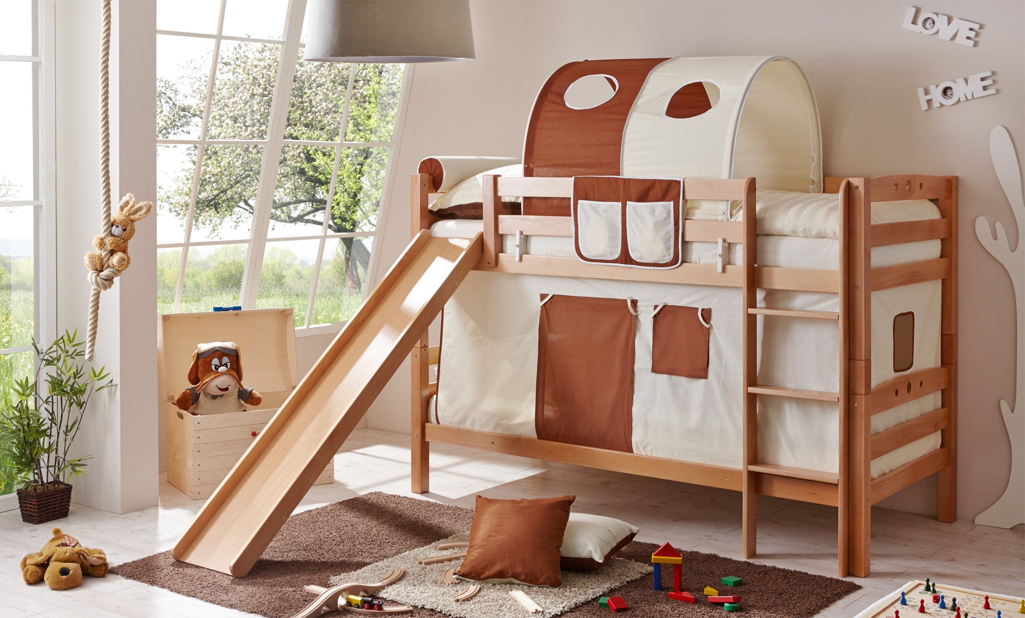 TiCAA Etagenbett mit Rutsche "Lupo" Buche Natur 