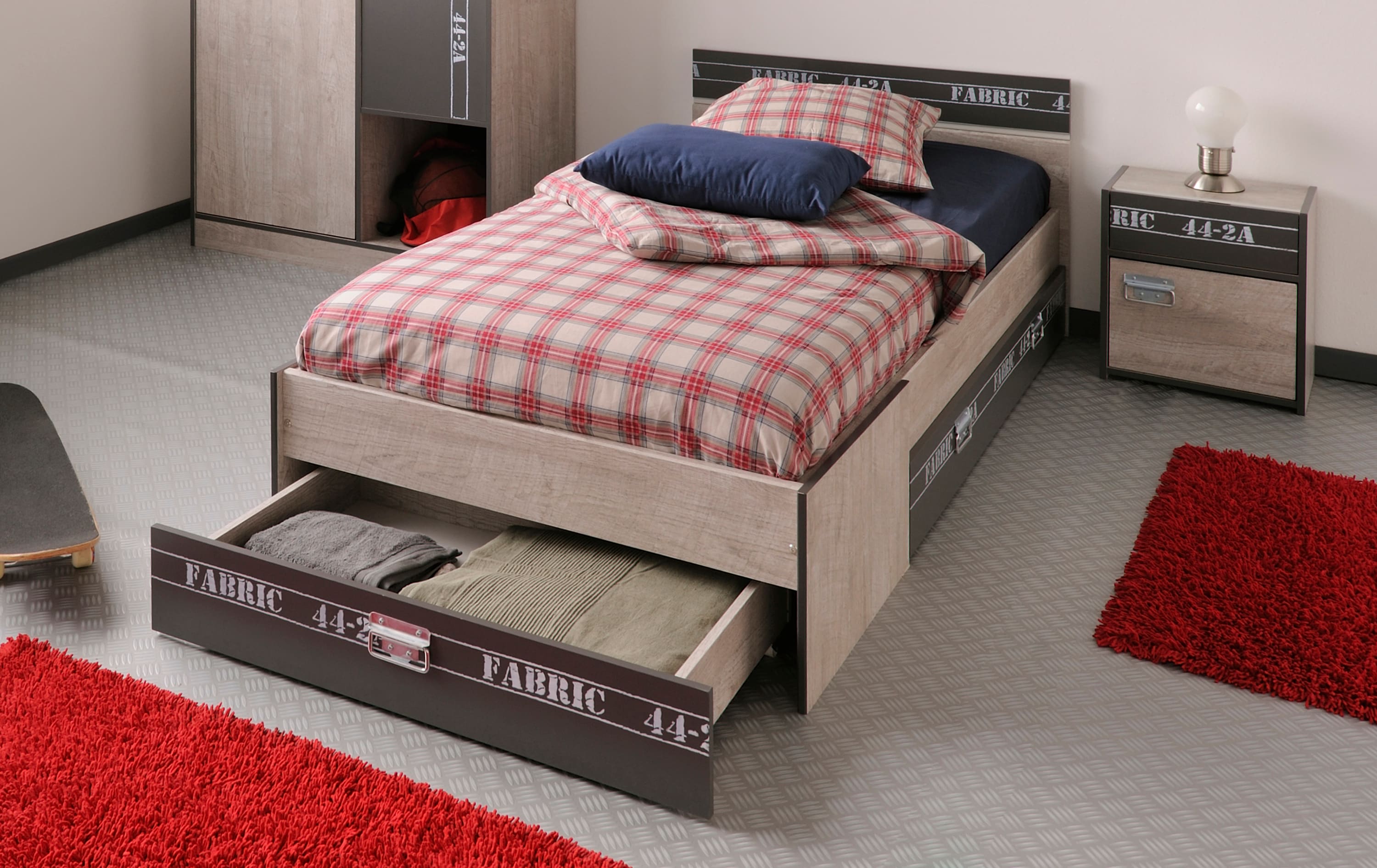 Parisot Bett mit Schubk&auml;sten und Nako "Fabric 3" Esche-grau 
