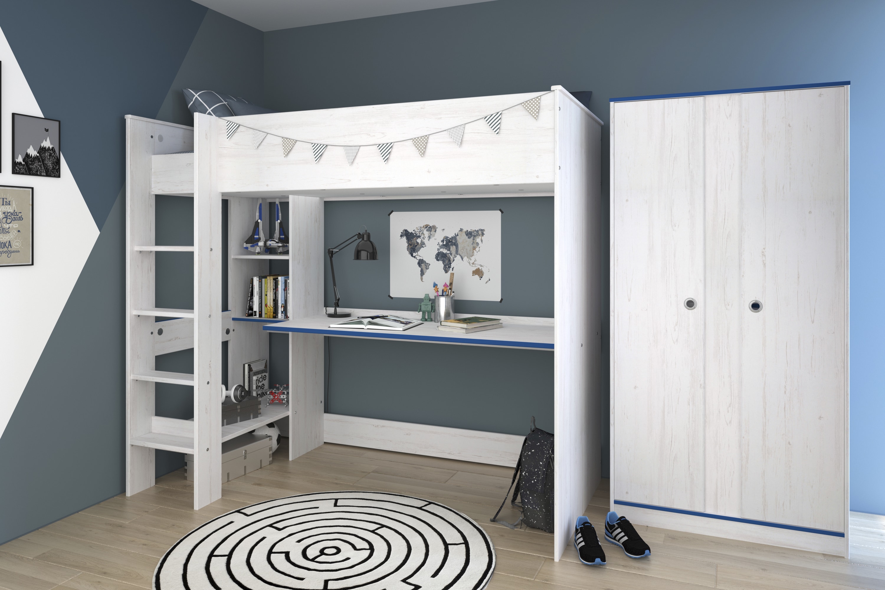 Parisot Hochbett extra hoch mit Schrank "Smoozy 4a + 4b" Blau/Pink 