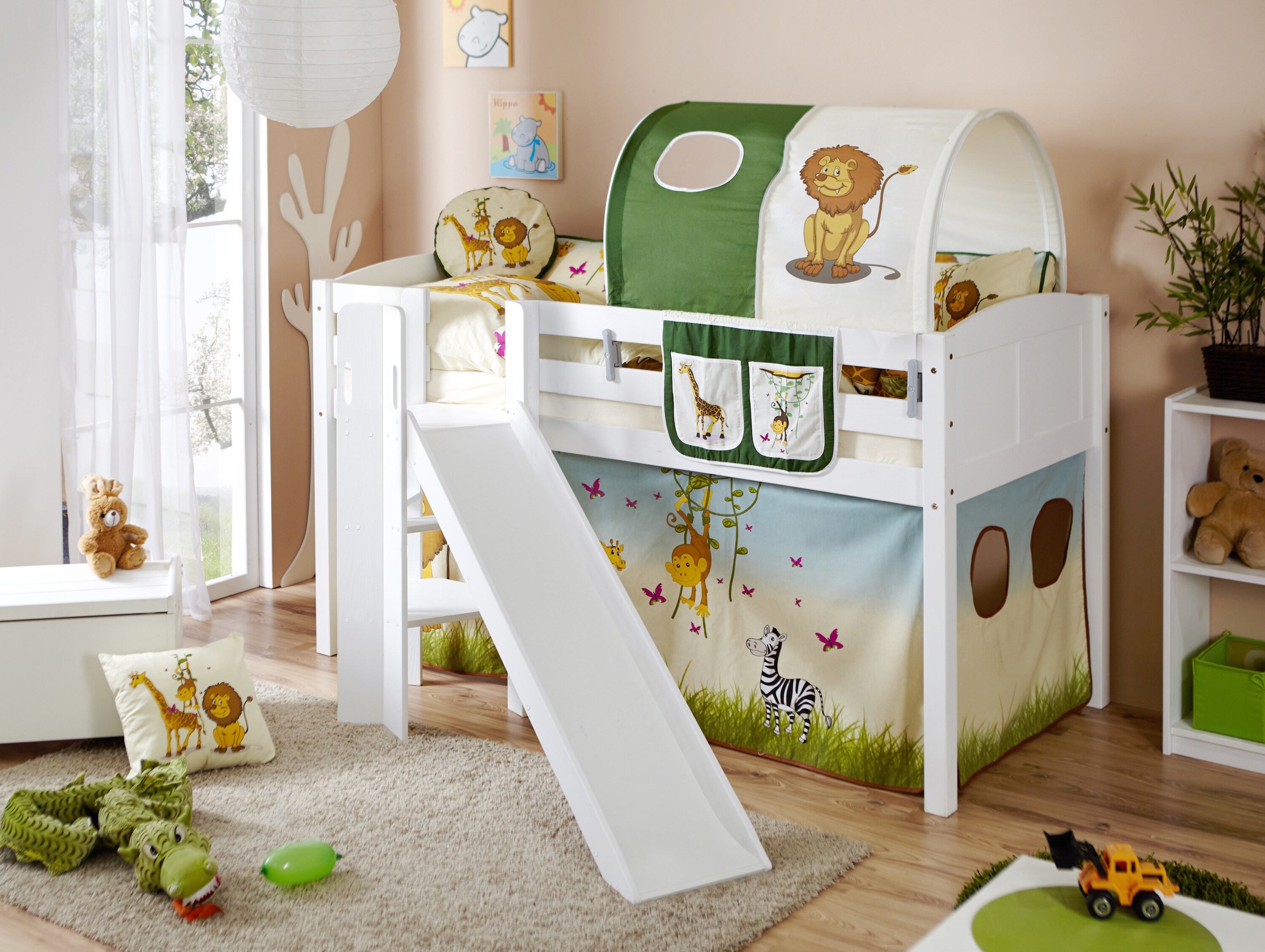 TiCAA Hochbett mit Rutsche Podestbett Ekki Kiefer Wei&szlig; inkl. Vorhangstoff 