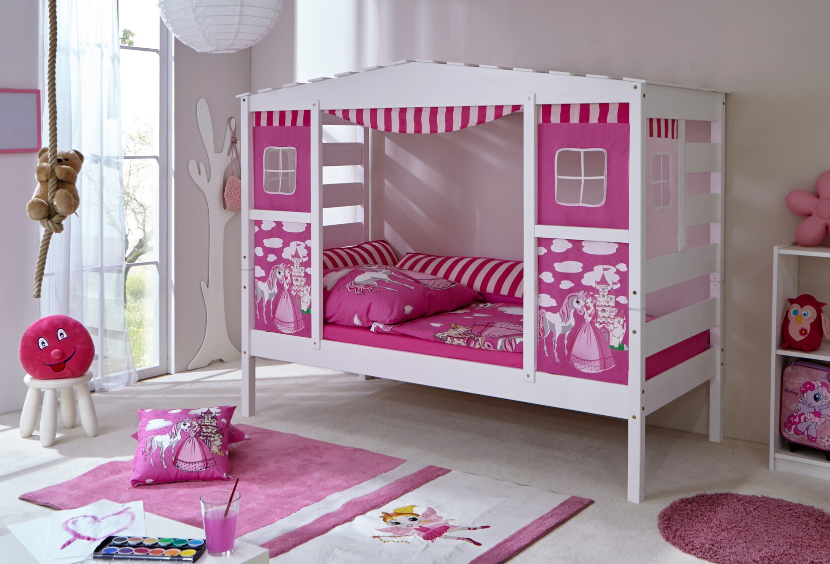 TiCAA Hausbett mit Bettkasten "Horse Rosa" Kiefer Weiß