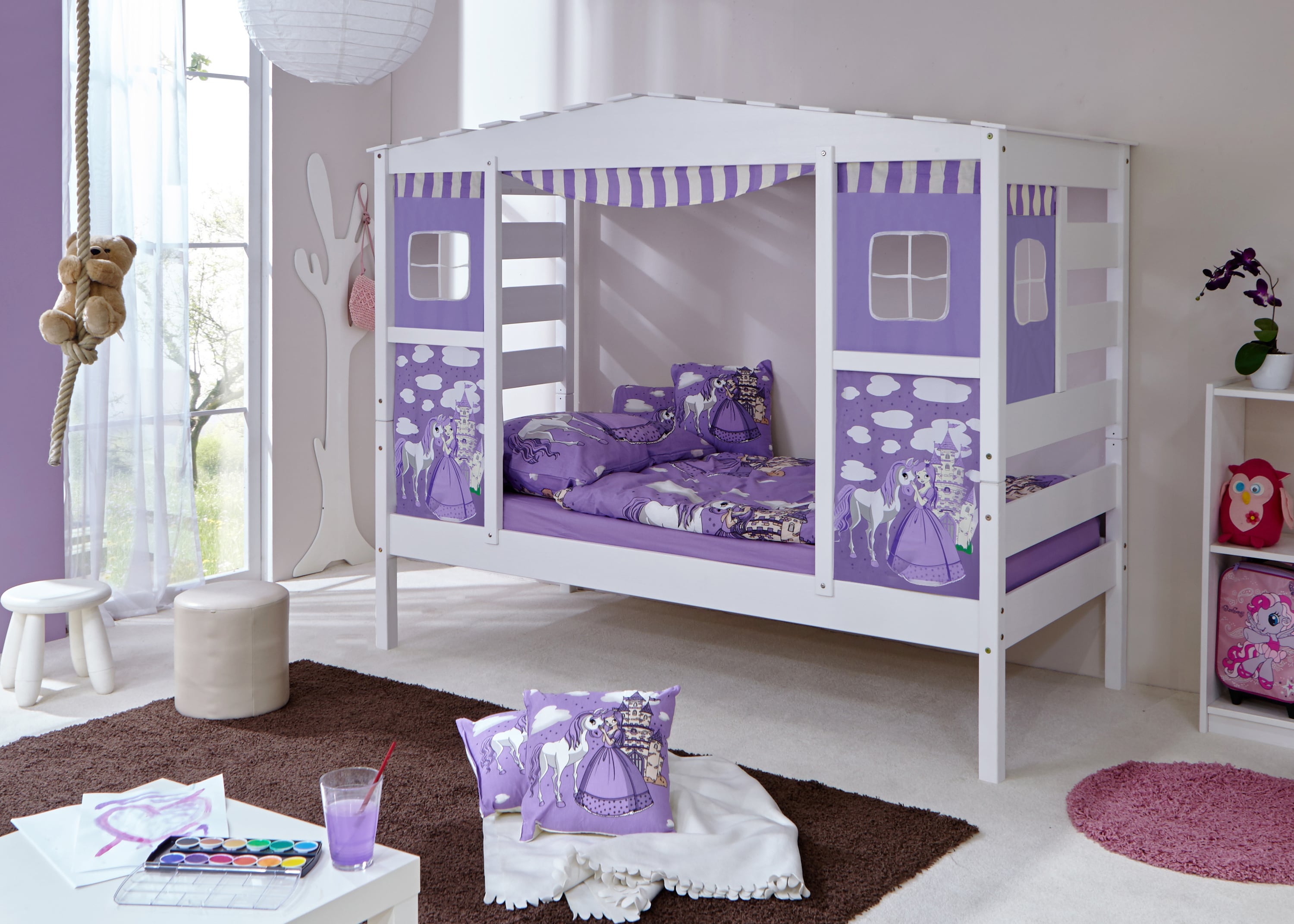TiCAA Hausbett mit Bettkasten "Horse Lila" Kiefer Wei&szlig; 
