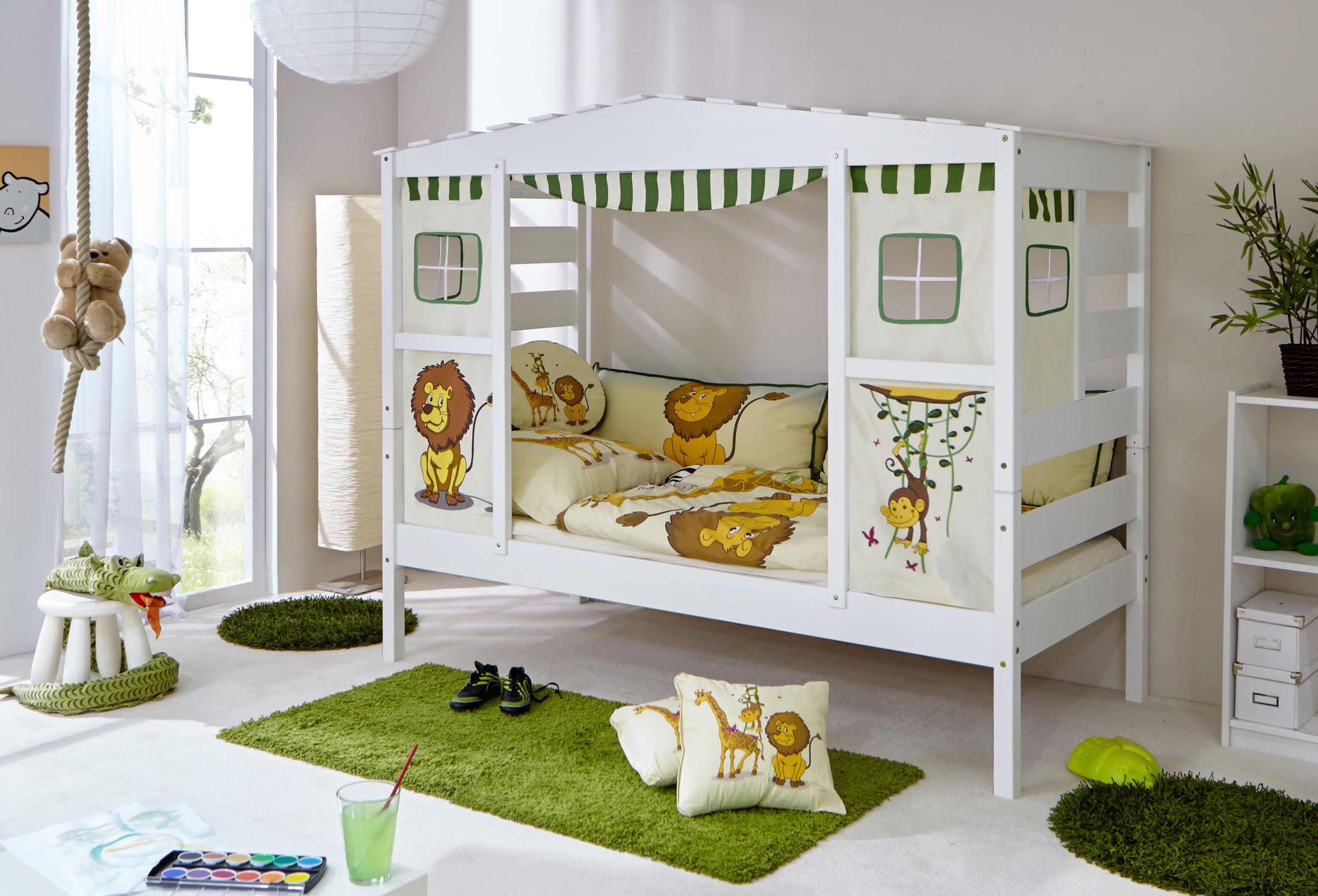 TiCAA Hausbett mit Bettkasten "Safari" Kiefer Wei&szlig; 