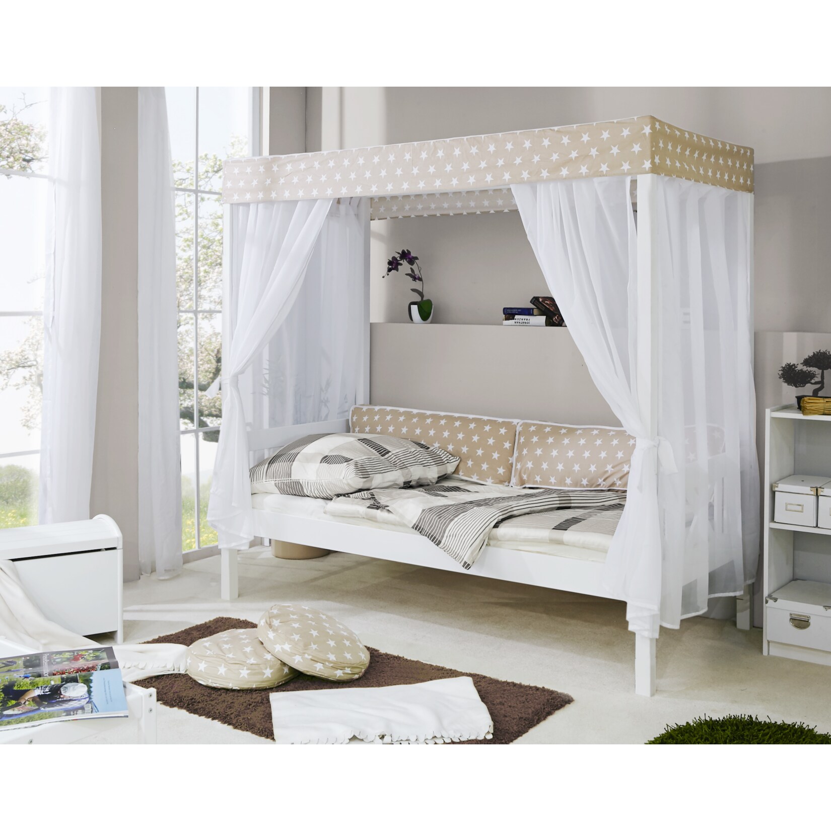 TiCAA Himmelbett "Beige" 310 Kiefer Weiß (Beige/Weiß Stern)