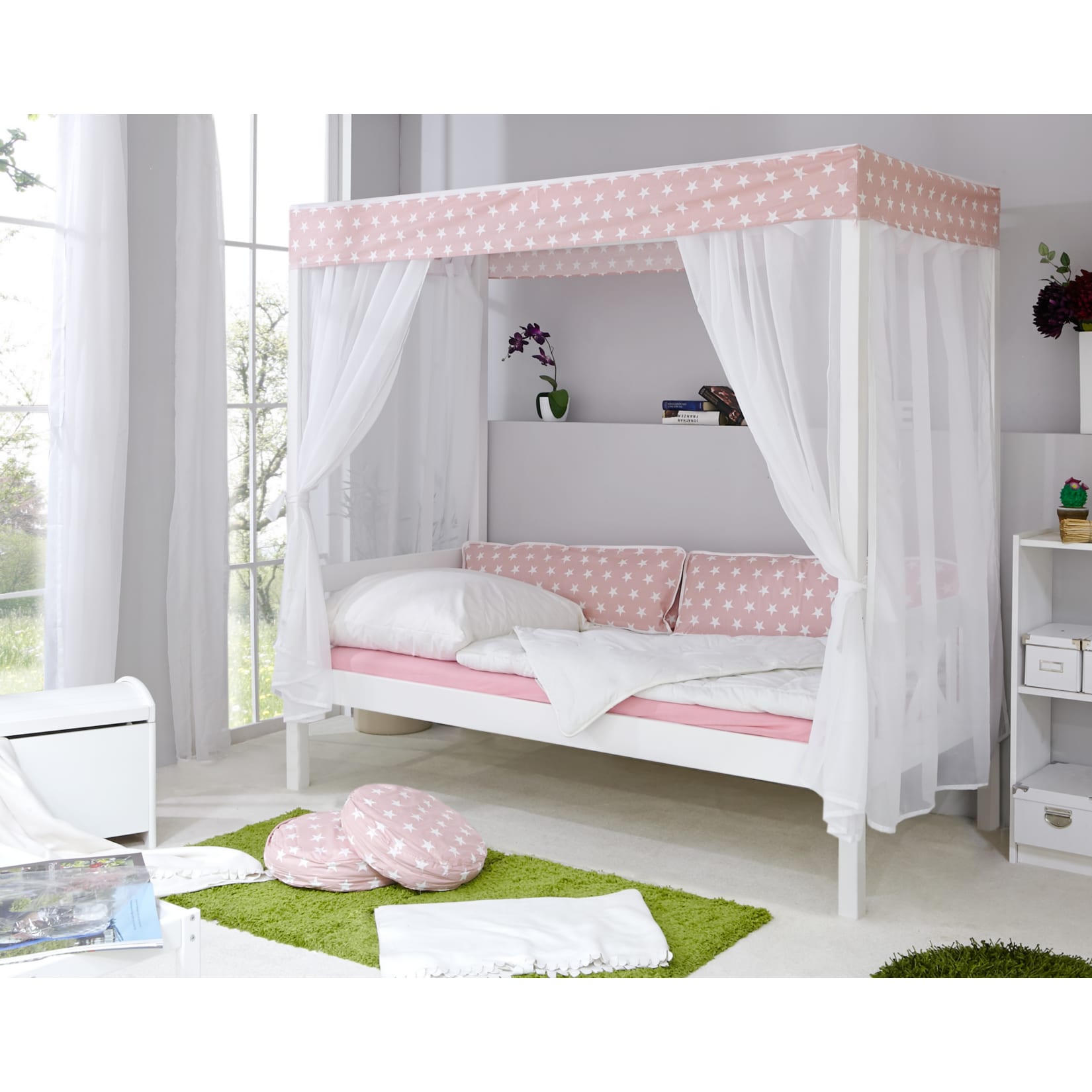 TiCAA Himmelbett "Rosa" 310 Kiefer Wei&szlig; (Rosa/Wei&szlig; Stern) 
