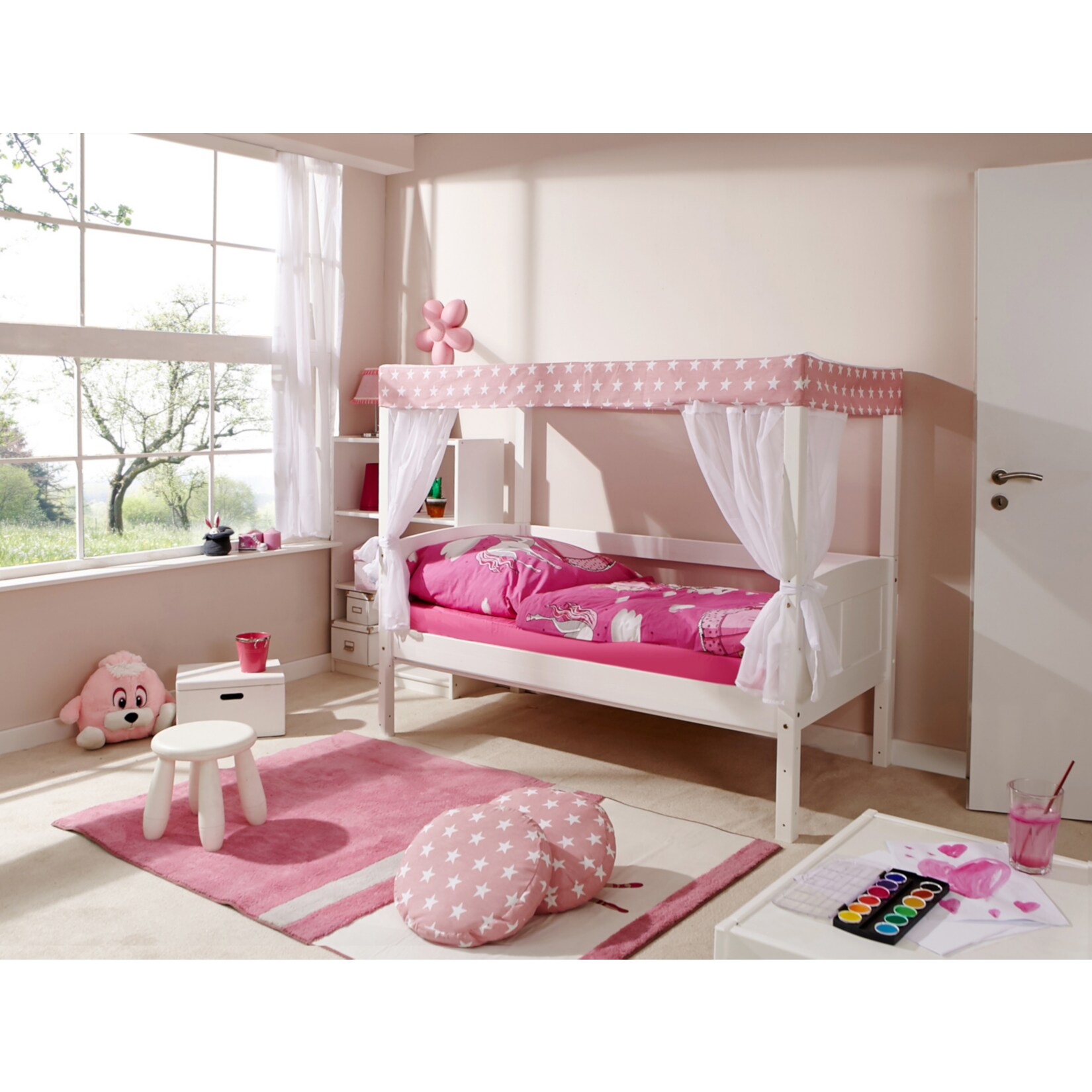 TiCAA Himmelbett Mini mit Bettkasten "Stern Rosa" Kiefer Wei&szlig; 