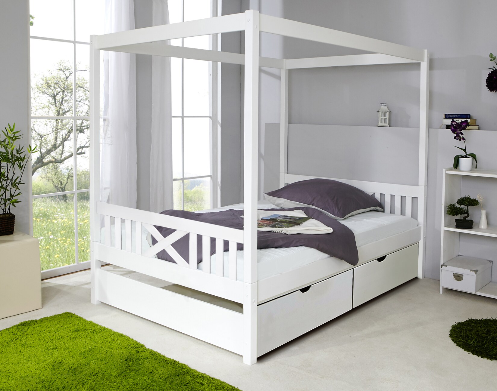 TiCAA Himmelbett Lino Kiefer Weiß 140x200