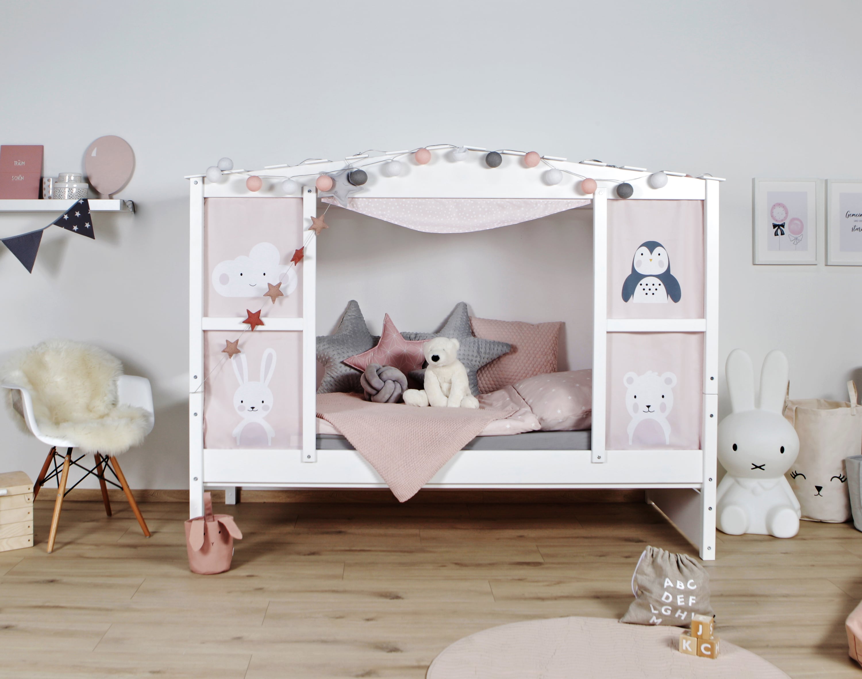 TiCAA Hausbett mit Bettkasten "Amelie" Kiefer Wei&szlig; 