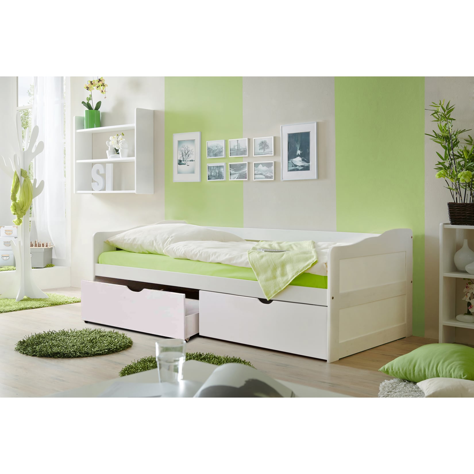 TiCAA Sofabett Funktionsbett G&auml;stebett Melanie Kiefer Wei&szlig; inkl. Matratze und Rollrost 