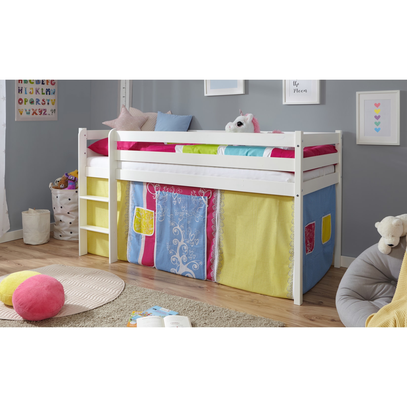 TiCAA Hochbett Kiefer Wei&szlig; Vorhang "Bunt" 