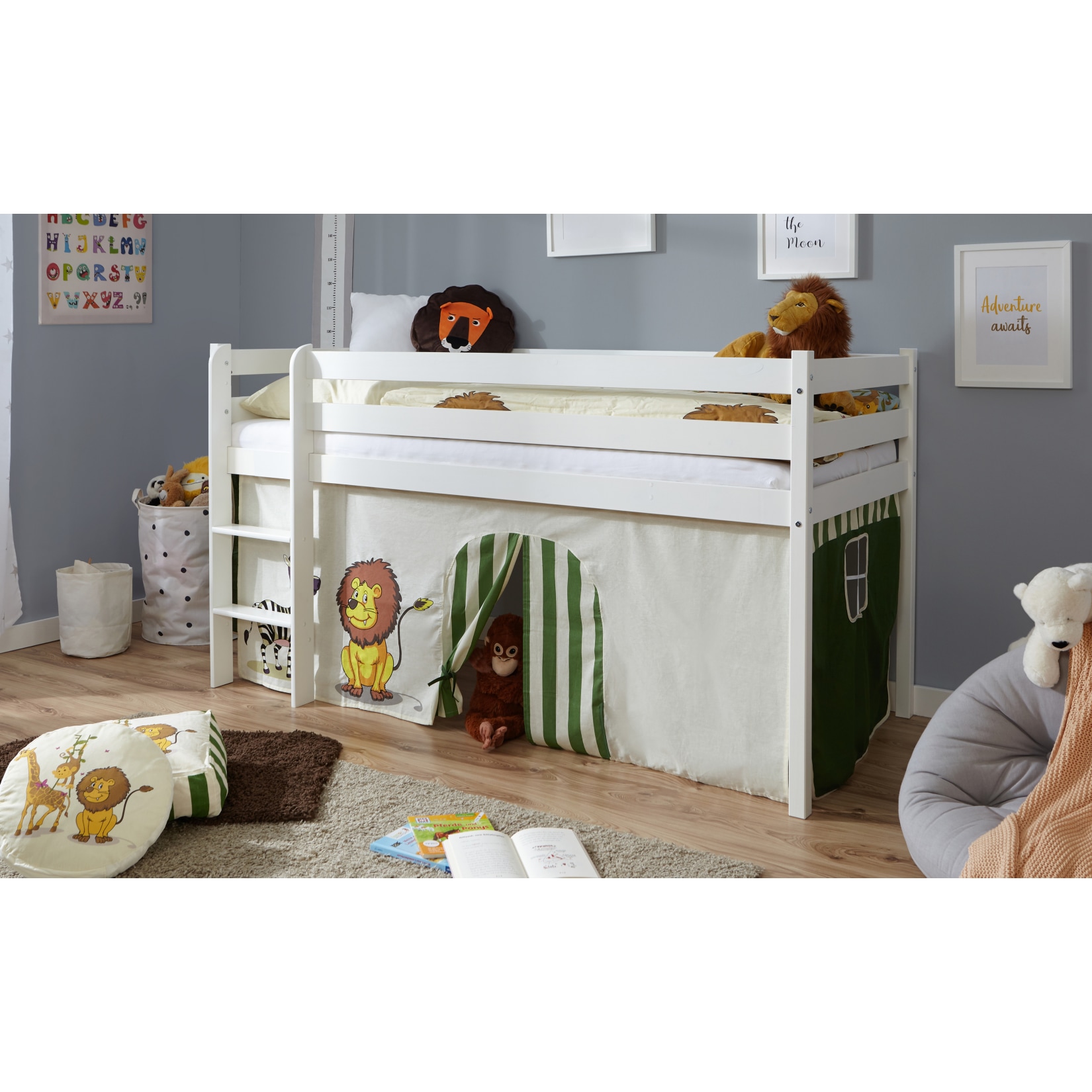 TiCAA Hochbett Kiefer Wei&szlig; Vorhang "Safari" 